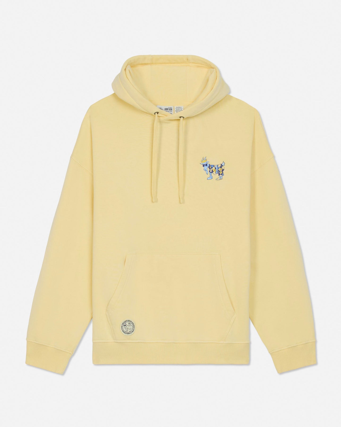Yellow hoodie with a small graphic on the chest against a white background