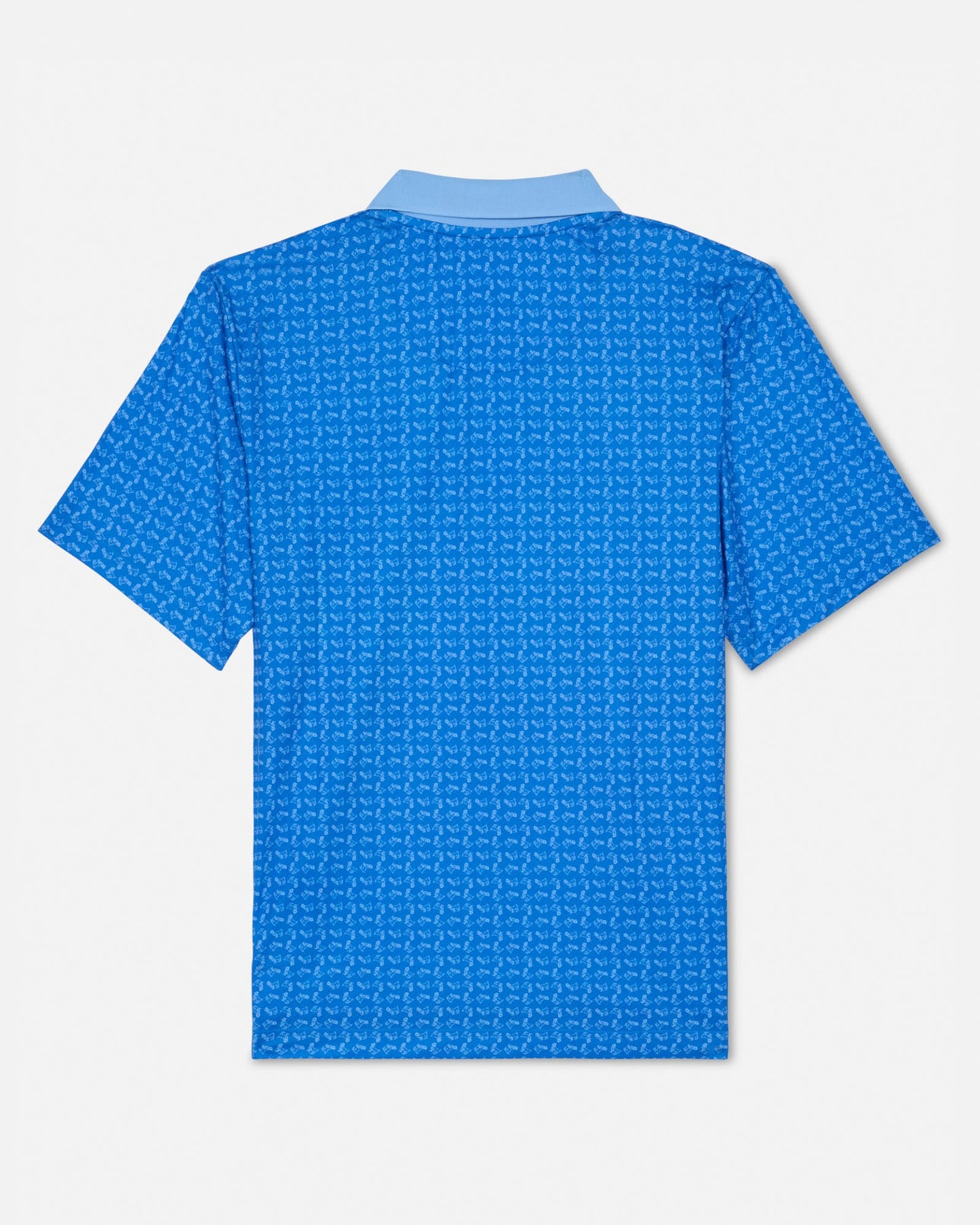 Blue patterned polo shirt on a white background