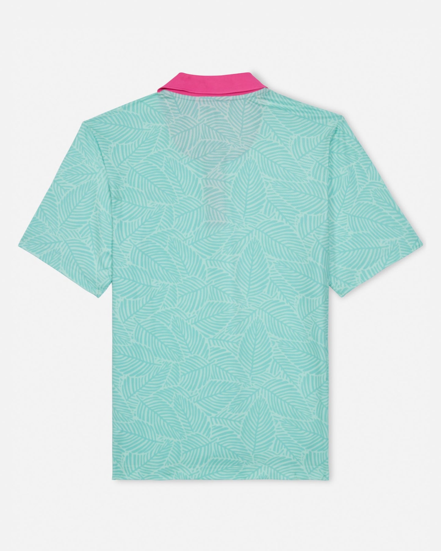 Green patterned polo shirt with pink collar on a white background