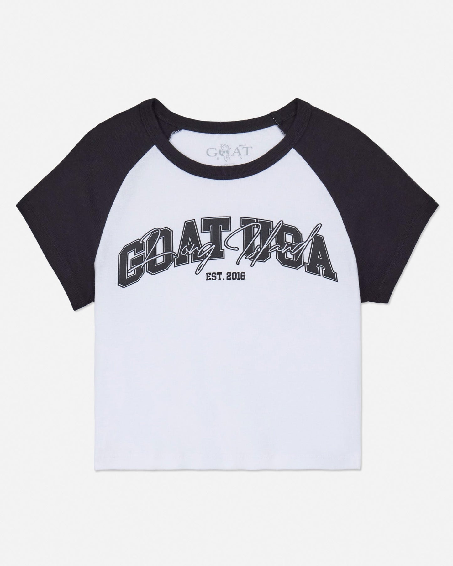 Front of black and white baby tee with GOAT USA graphic