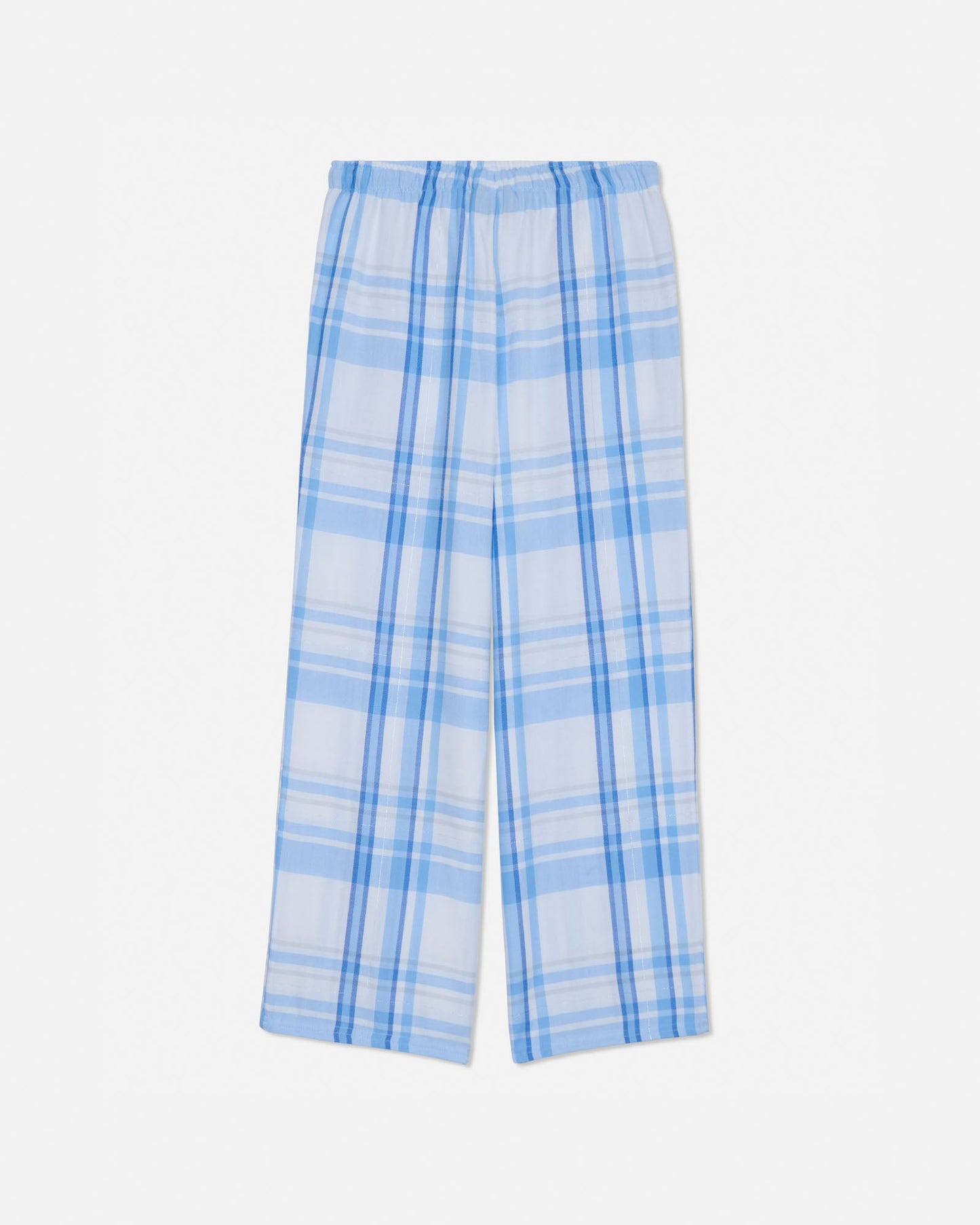 Blue and white plaid pants on a light gray background