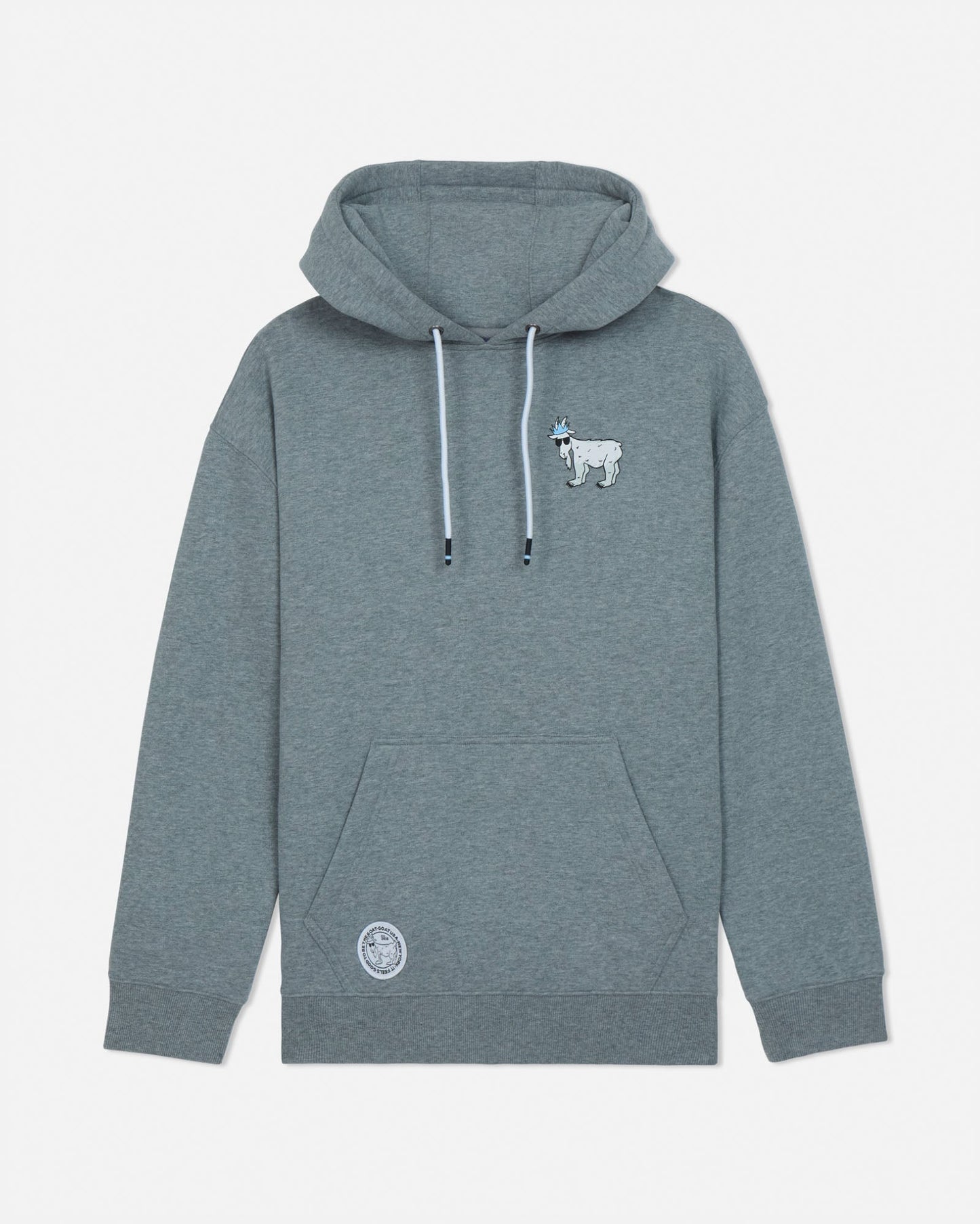 Gray hoodie with a small logo on a light gray background