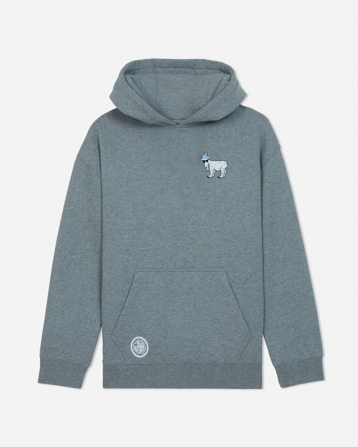 Gray hoodie with a small logo on the chest against a light gray background