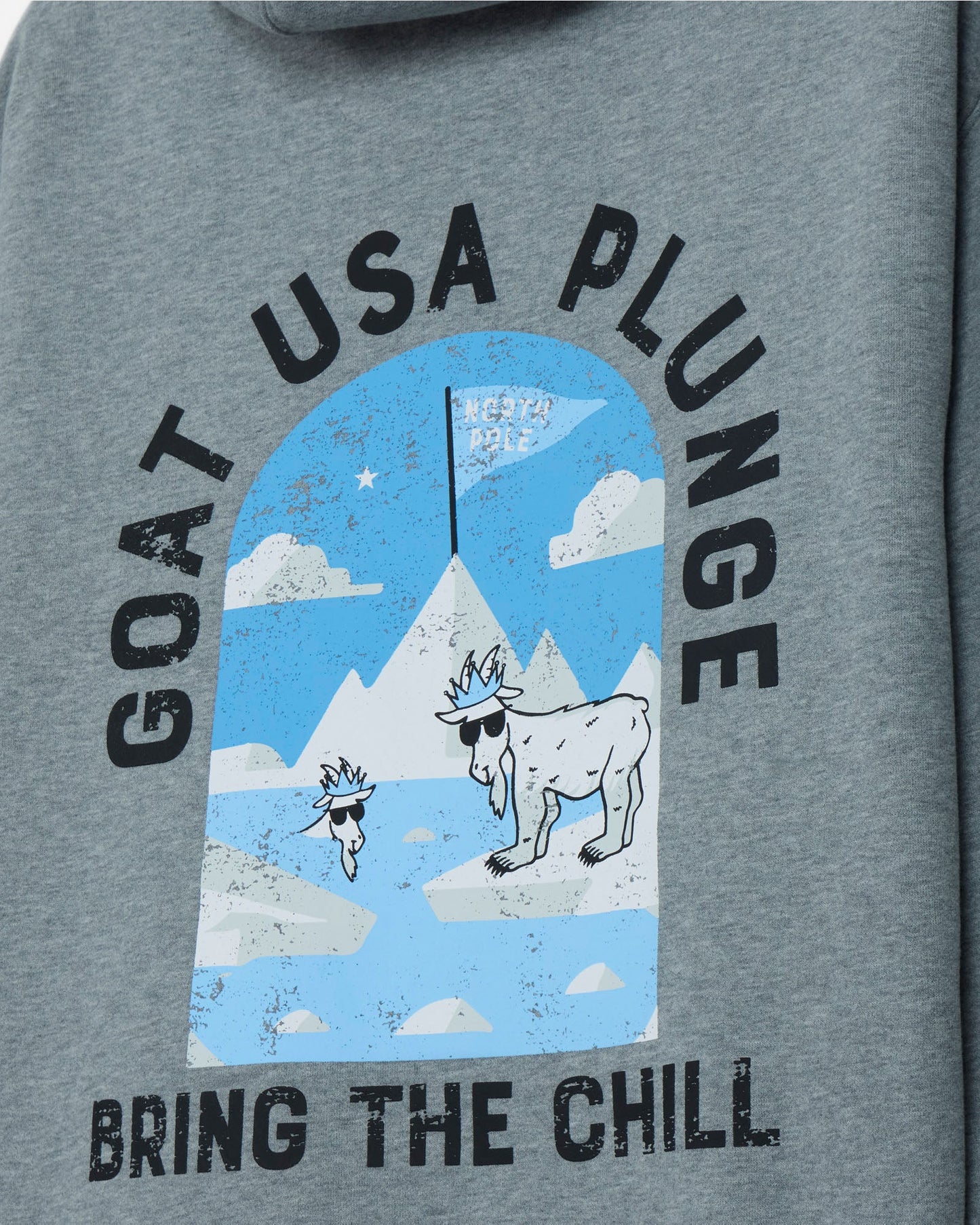 Gray hoodie with graphic design of goats in a mountain scene and text 'GOAT USA PLUNGE BRING THE CHILL'.
