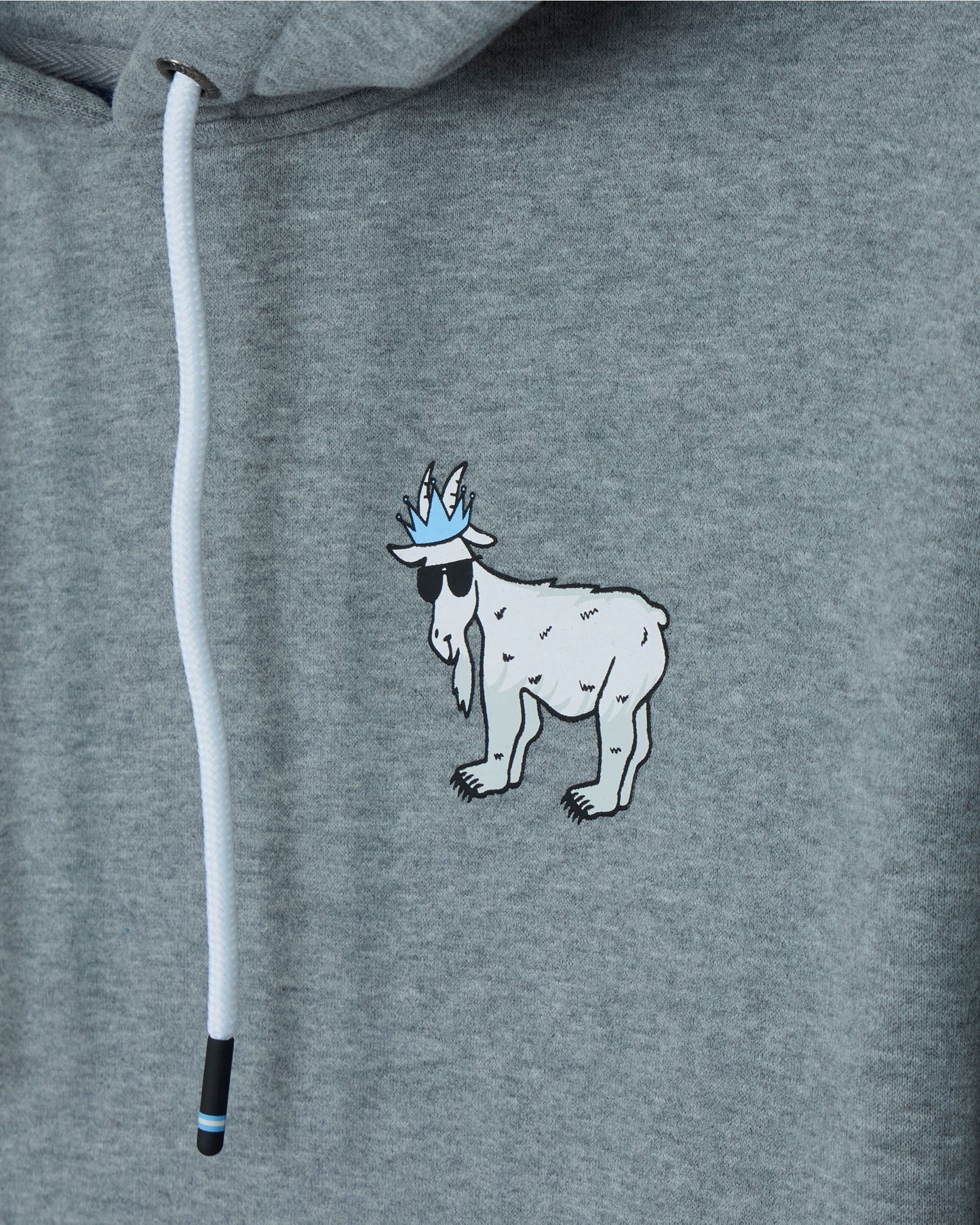 Gray hoodie with a cartoon goat wearing a crown on the chest.