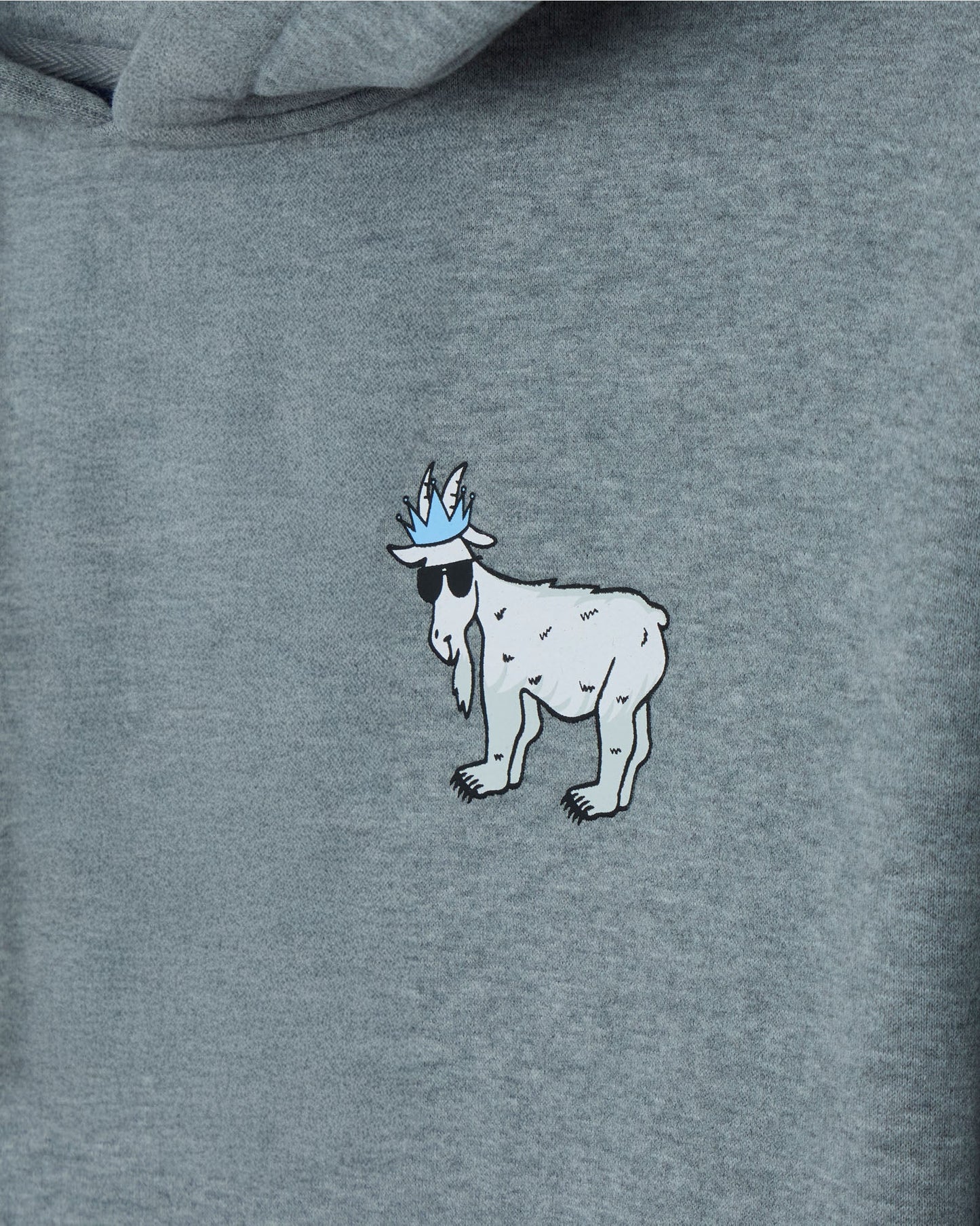 Gray hoodie with a cartoon goat wearing a crown on the chest.