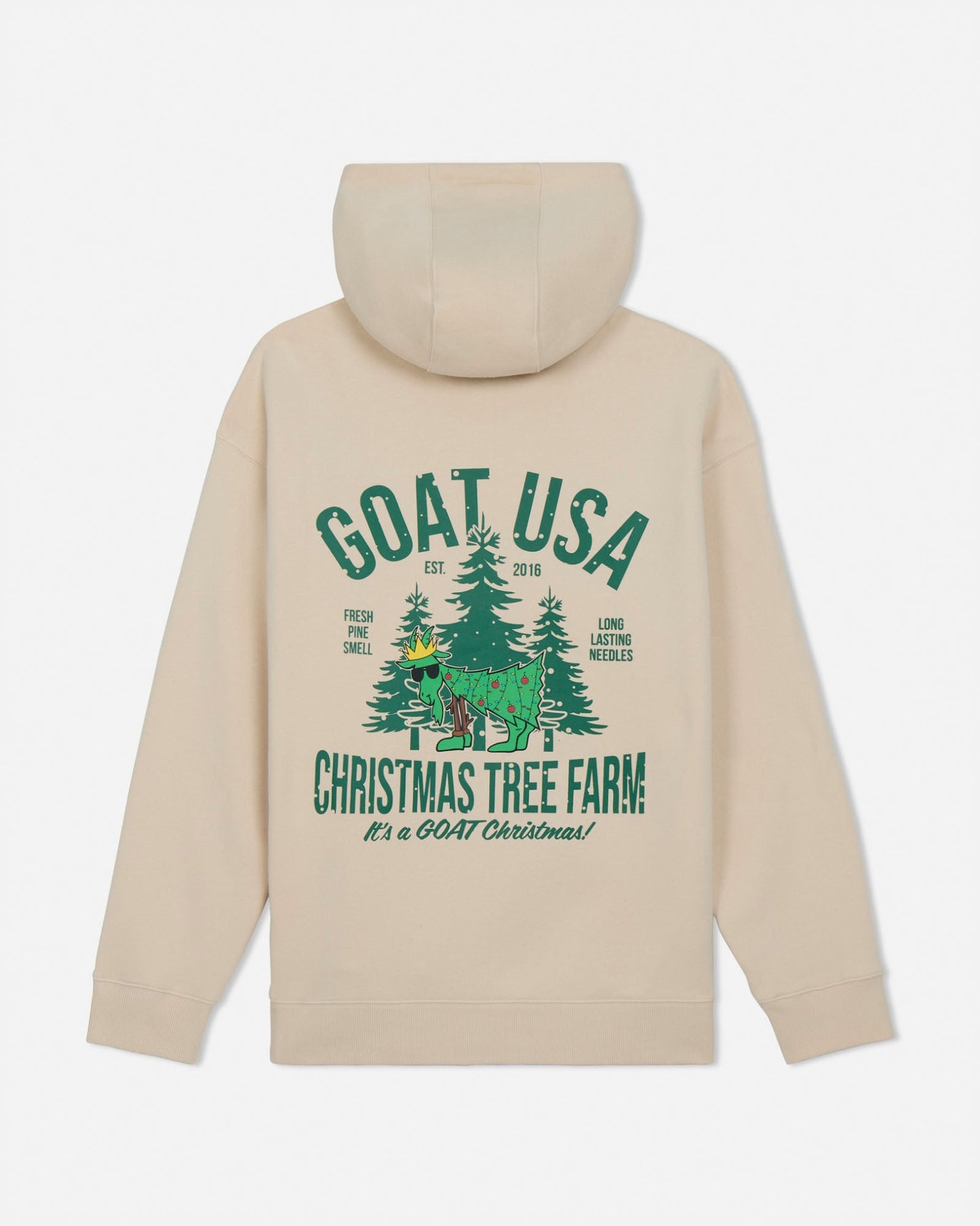Beige hoodie with green graphic and text on a white background