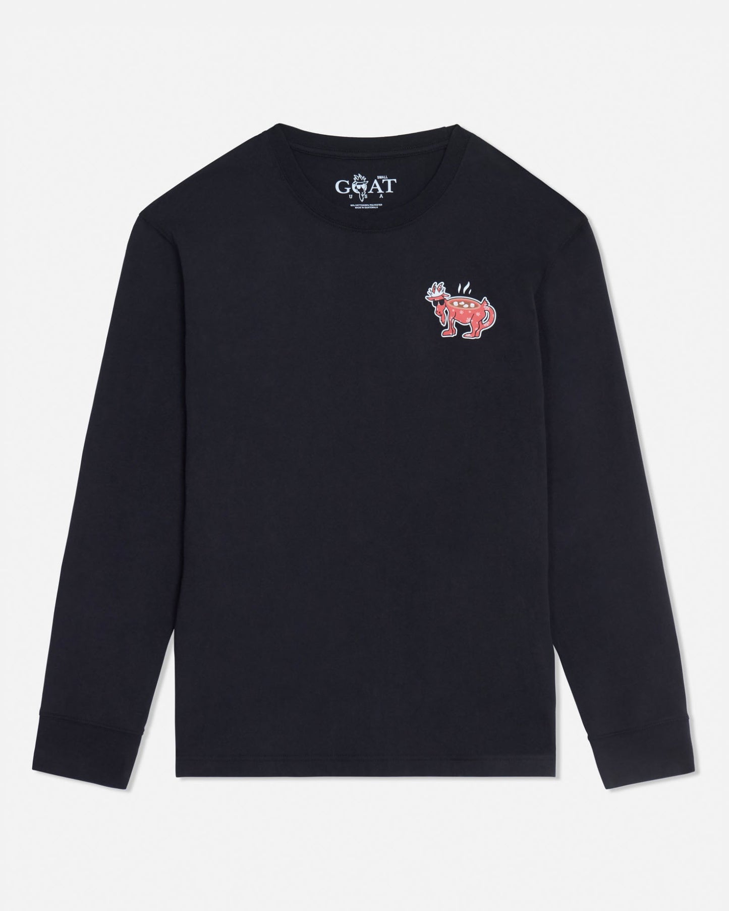 Black long-sleeve shirt with a small red and white graphic on a light gray background