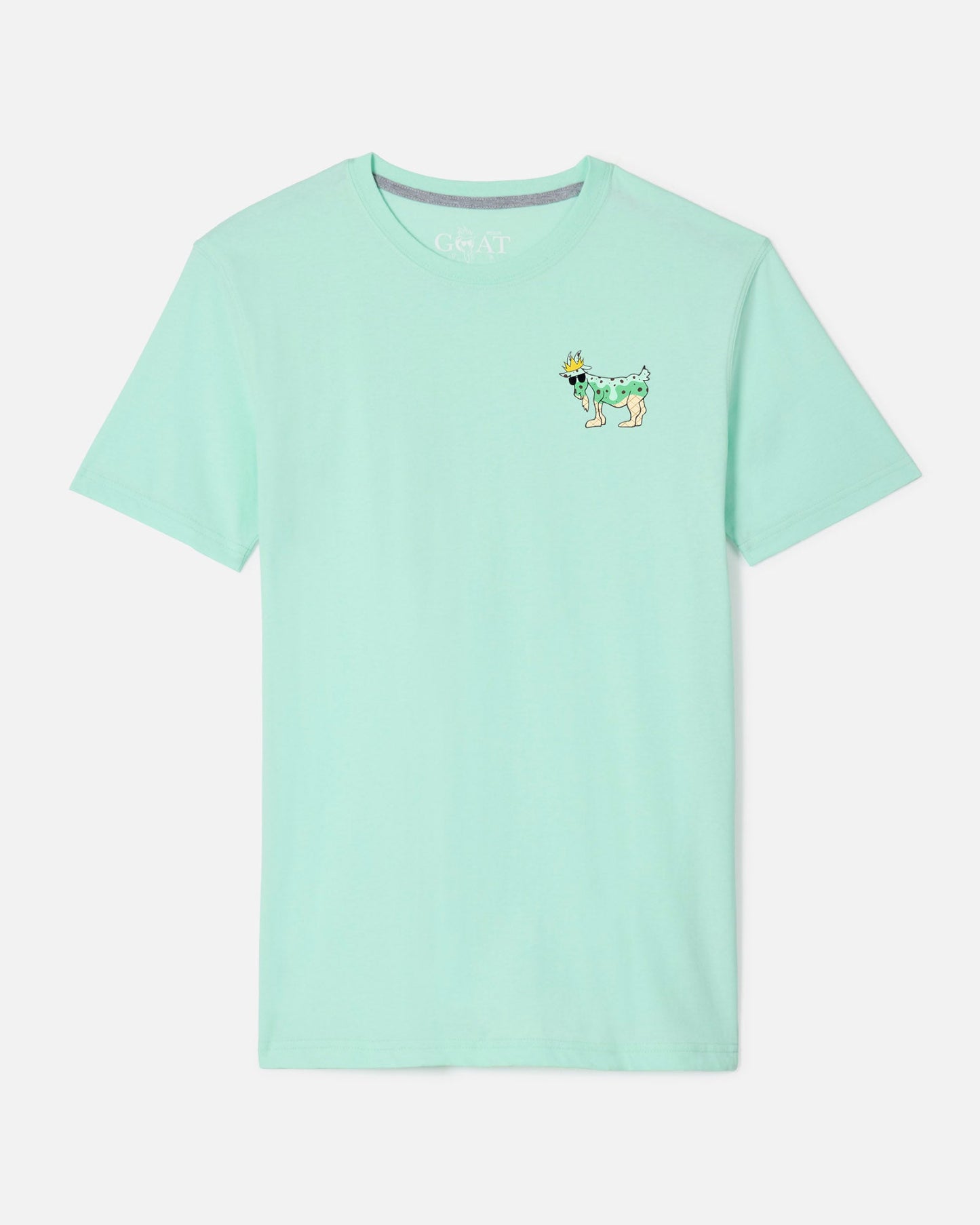 Front of mint t-shirt with Chuck the mint-chip ice cream GOAT left-chest logo