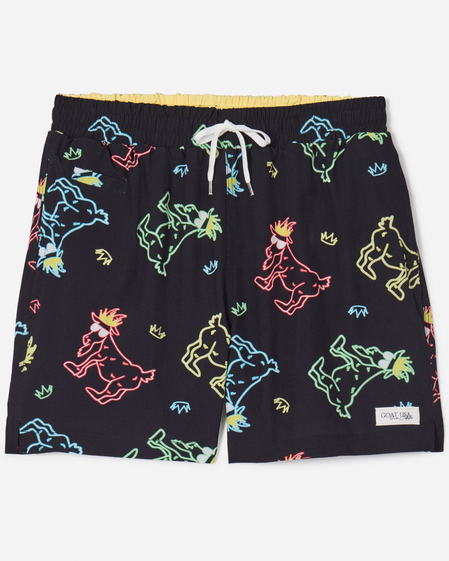 Front of black bathing suit with neon led-style goats