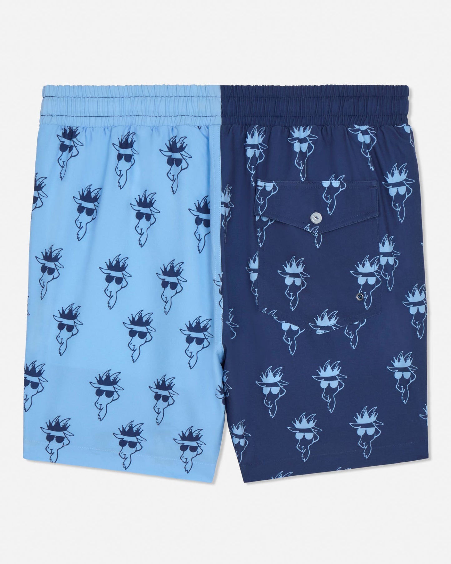 Two tone swim shorts, one blue and one navy, with a pattern of goats wearing sunglasses on a white background.