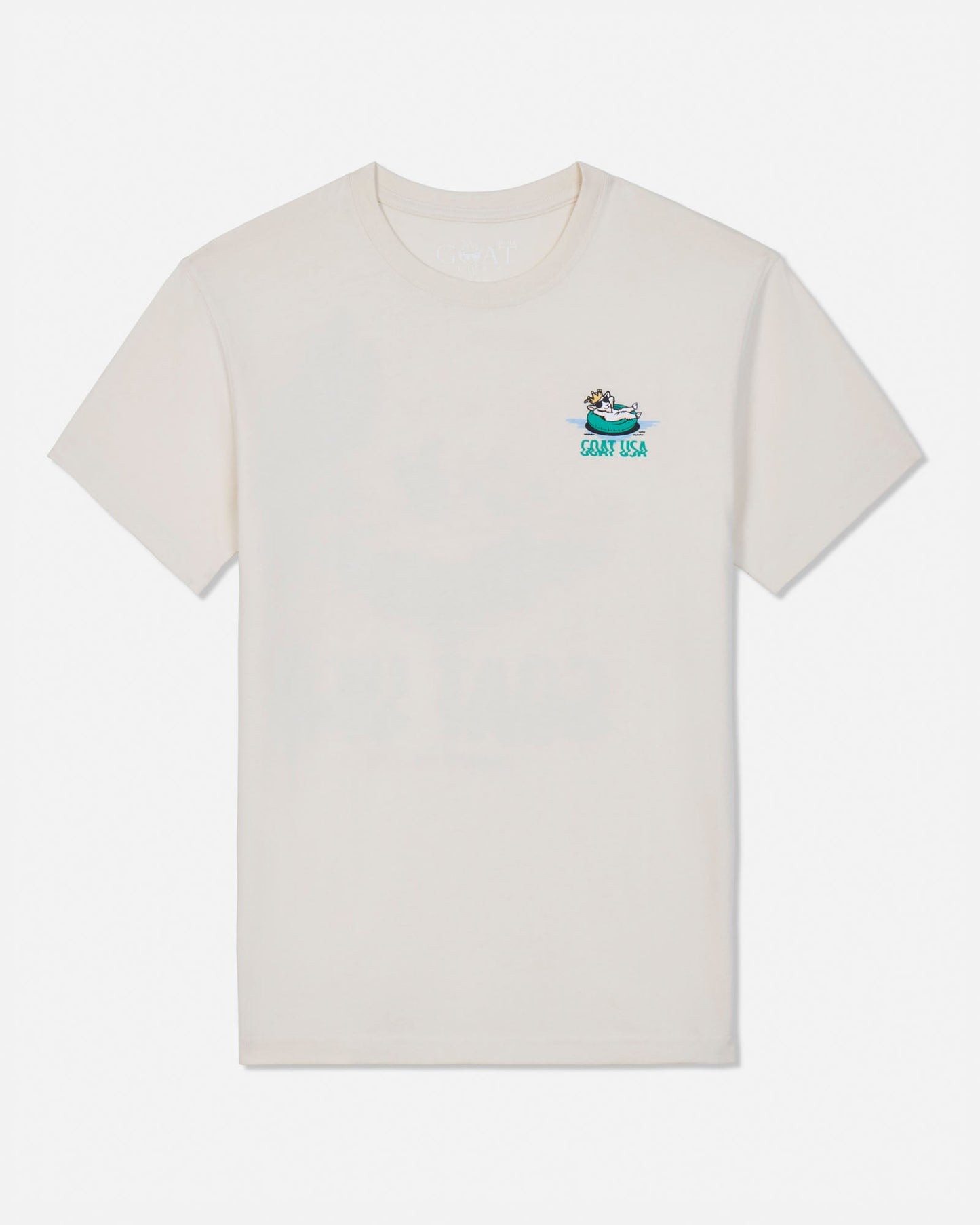 Beige t-shirt with a small graphic on a white background