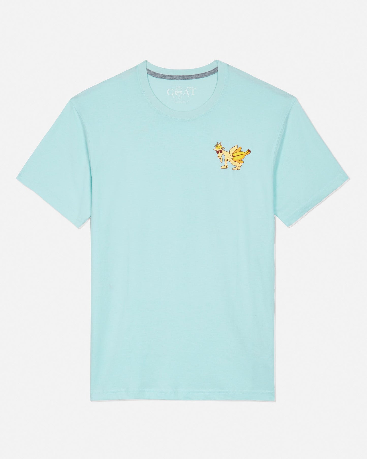 Front of ice blue banana t-shirt with banana goat left-chest logo