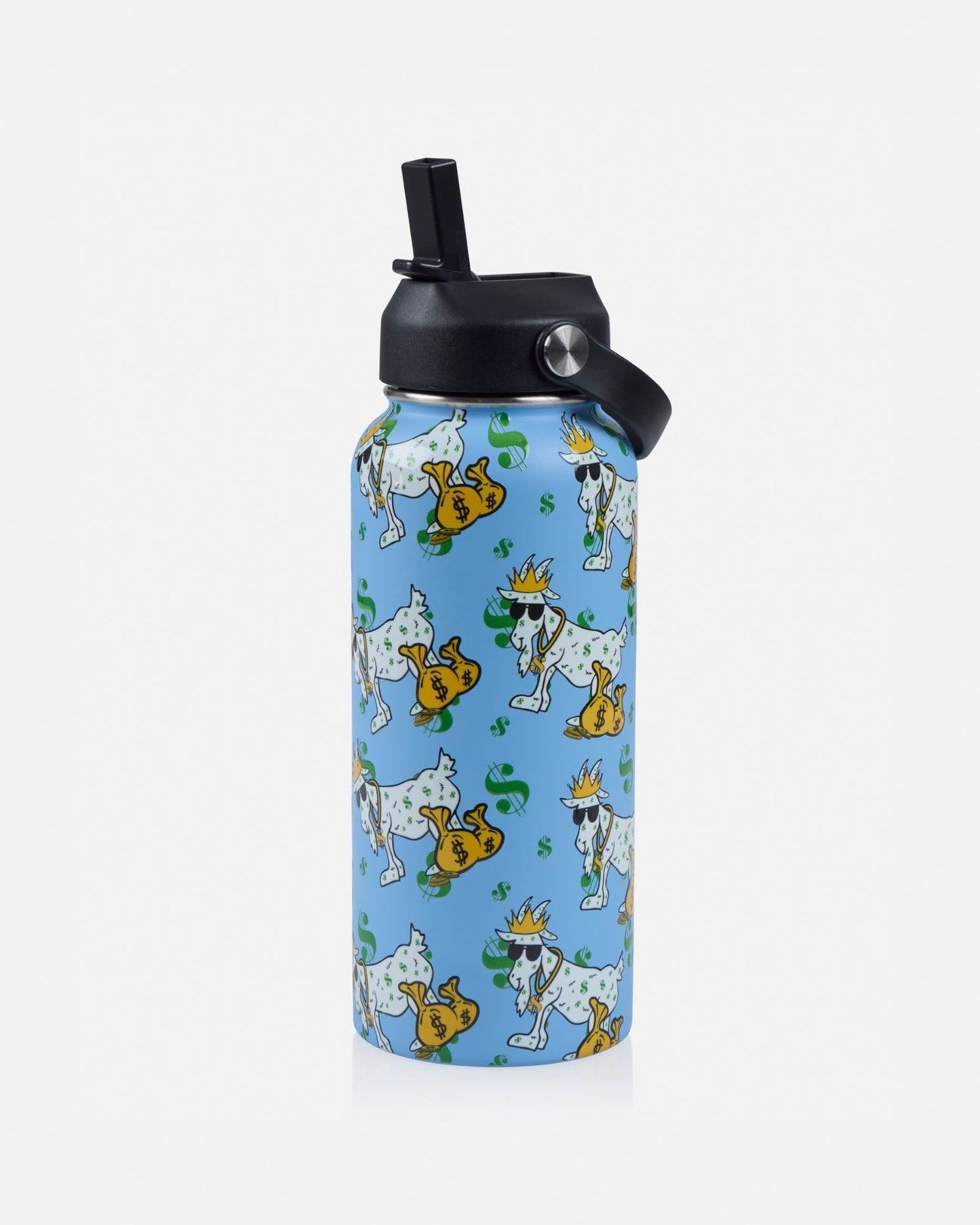 Water bottle with cartoon goat pattern on a white background