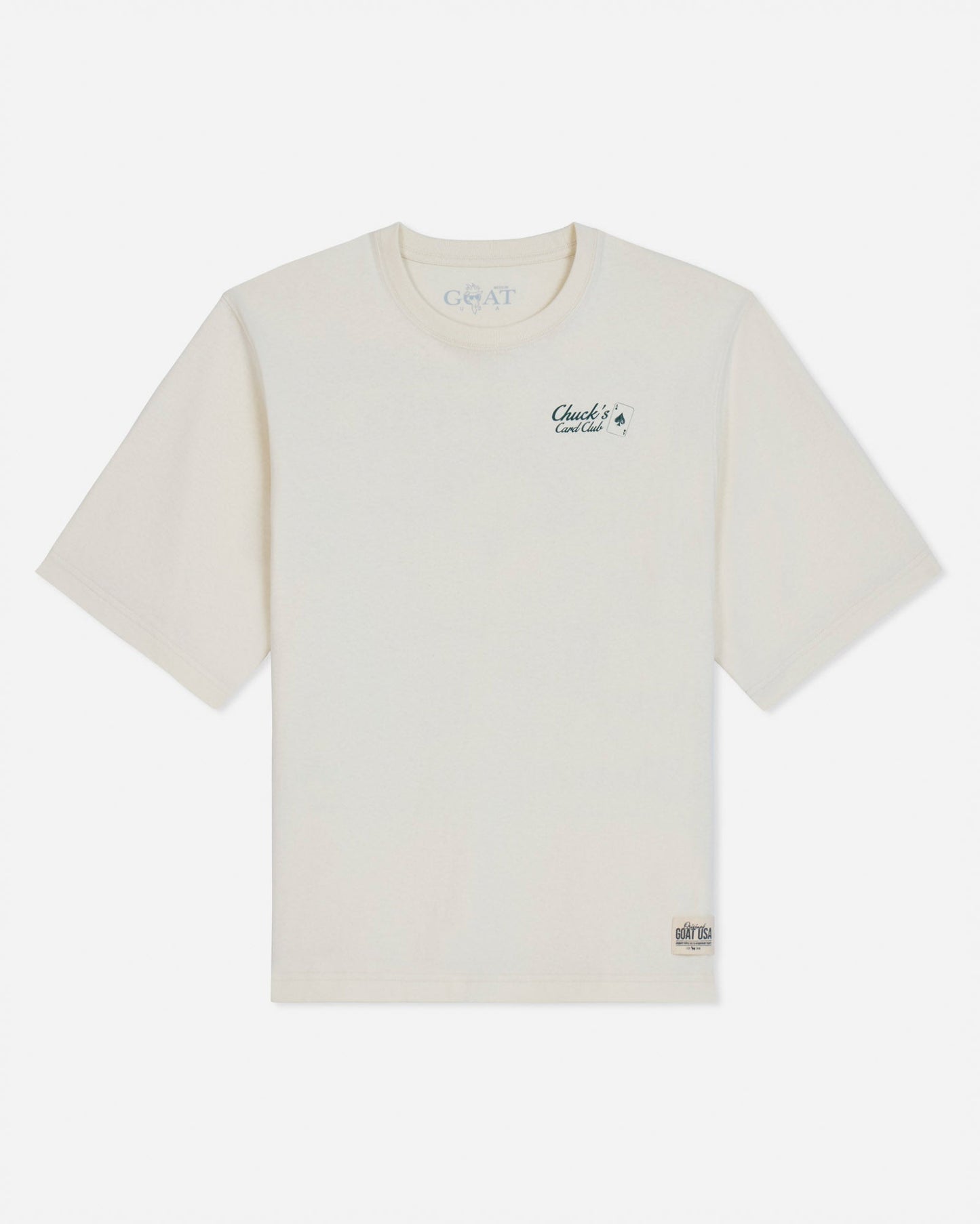 Front of bone t-shirt with 'Chuck's Card Club' left-chest logo