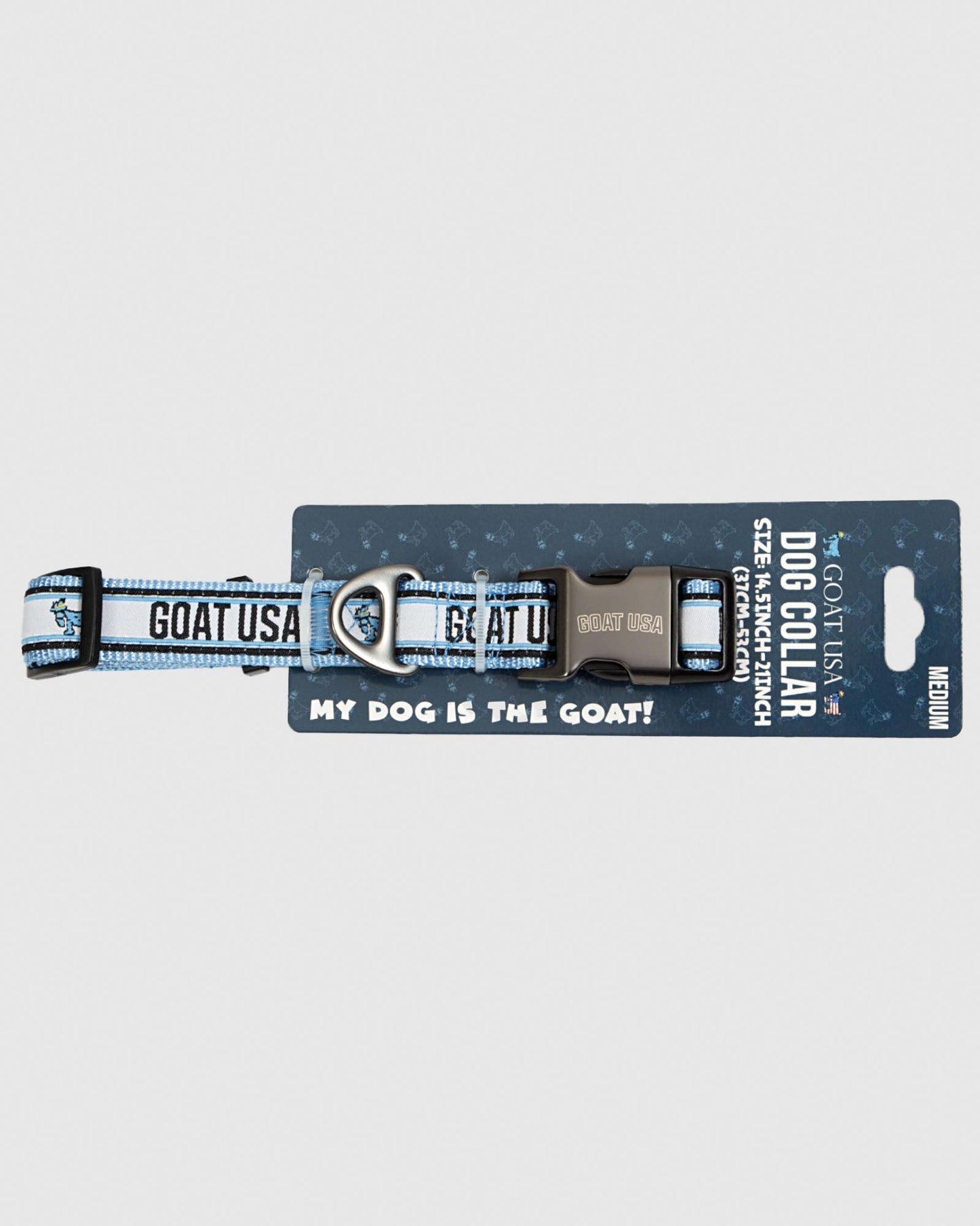 Blue and white dog collar in packaging