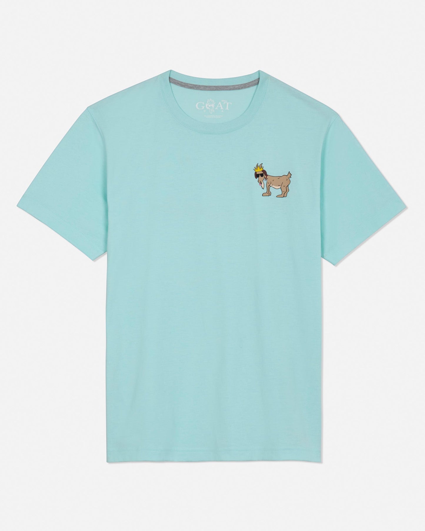 Front of ice blue t-shirt with dog goat left-chest logo