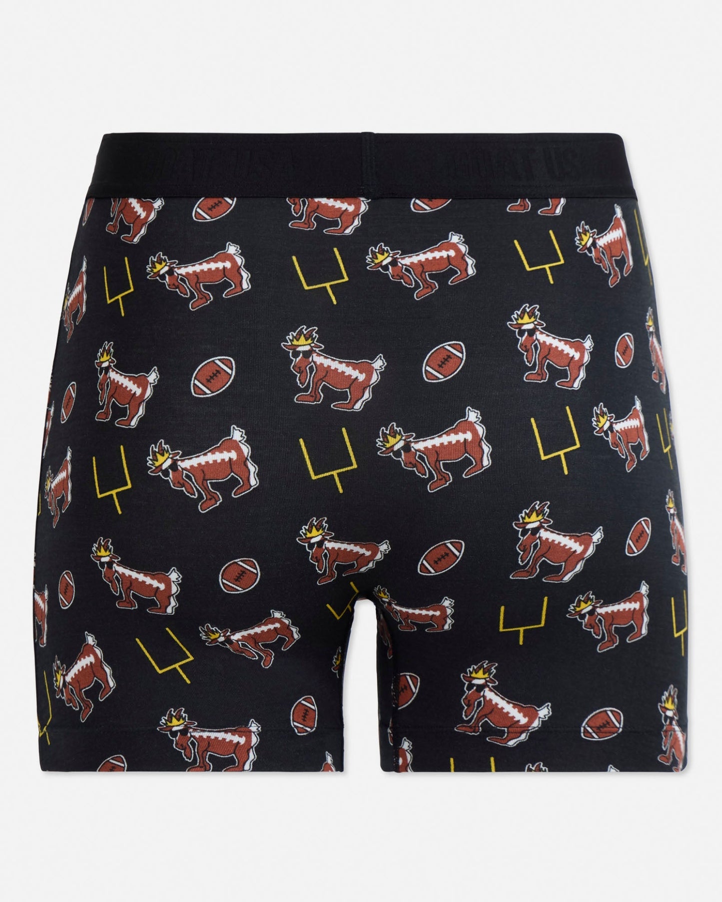 Black boxer briefs with sports-themed pattern on a light gray background