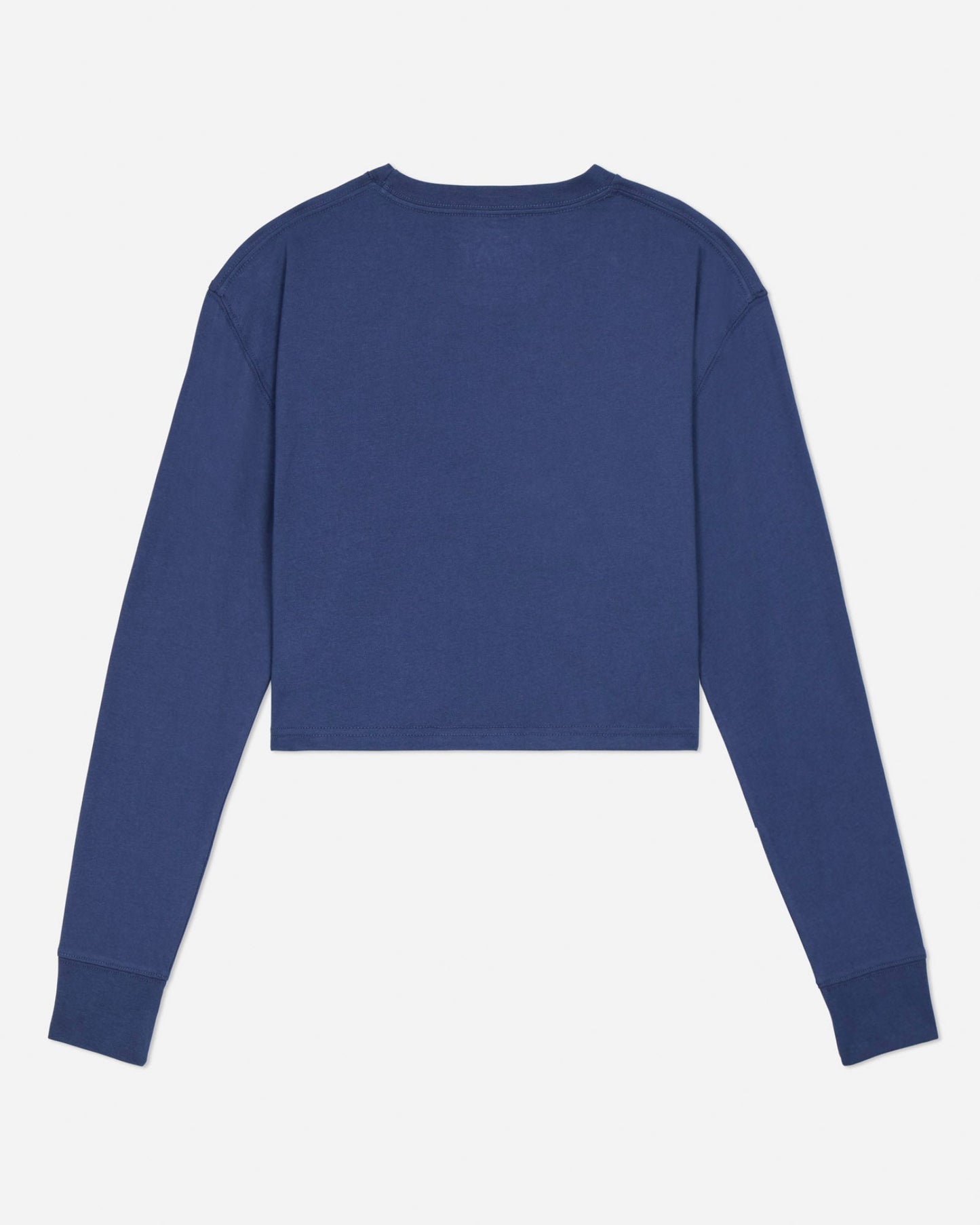 Blue long-sleeve shirt on a light gray background