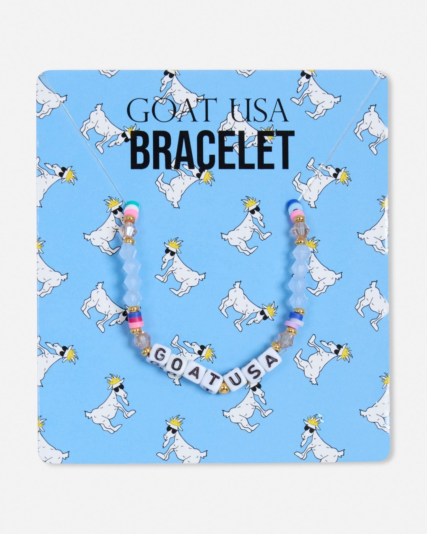 Bracelet with 'GOAT USA' on a blue background with goat pattern