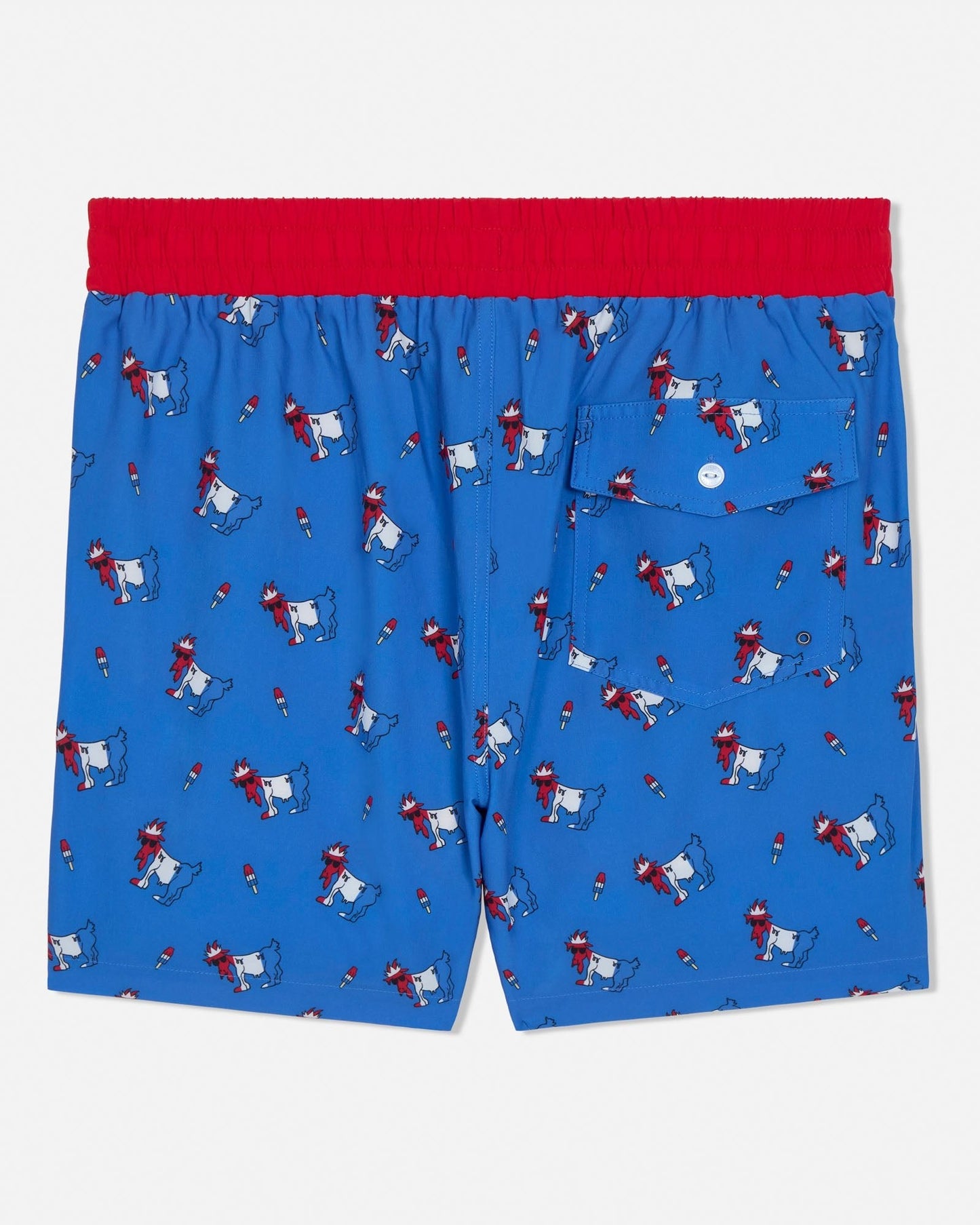 Blue swim shorts with a red waistband featuring a goat pattern on a white background