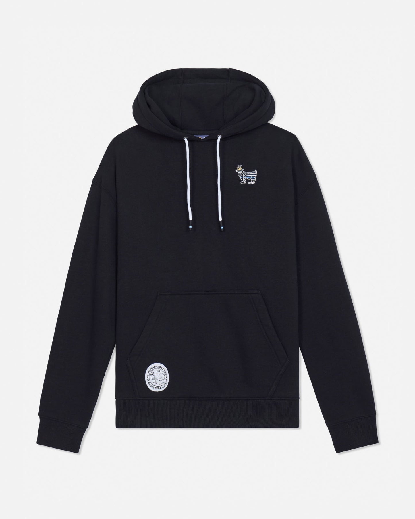 A black pullover hoodie with white drawstrings, featuring a small white graphic on the left chest and a circular white patch on the lower left front, displayed against a light gray background.