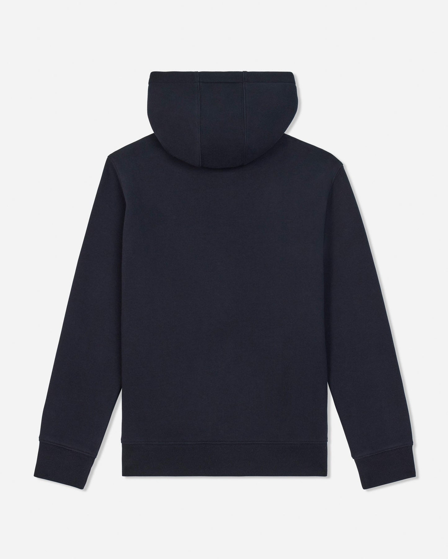 A black hooded sweatshirt shown from the back, featuring a solid color design with ribbed cuffs and hem, set against a light gray background.