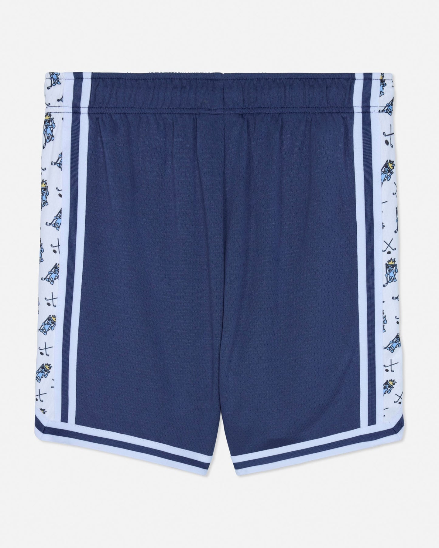 Navy blue shorts with white and blue patterned trim on a white background