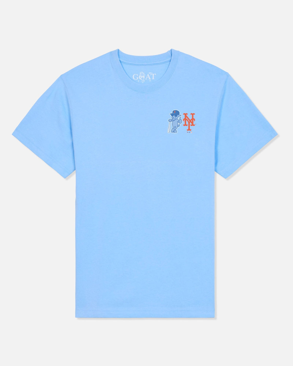A light blue short-sleeve t-shirt with a small graphic on the left chest featuring a blue character and an orange-red 'NY' logo. The inside collar shows the brand name 'GOAT USA'.