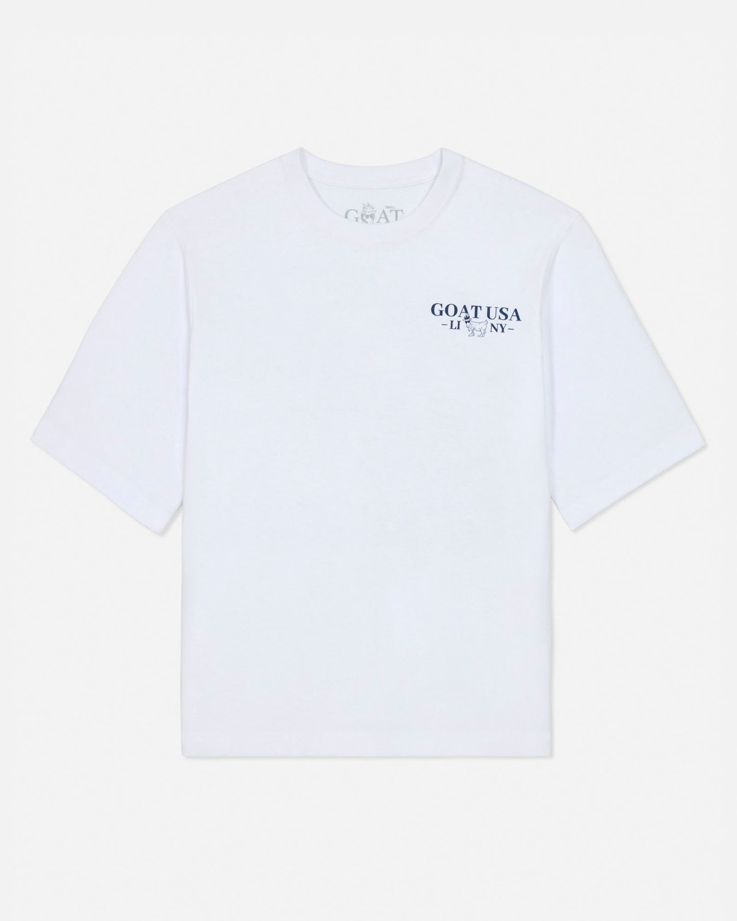 White t-shirt with a logo on a light gray background