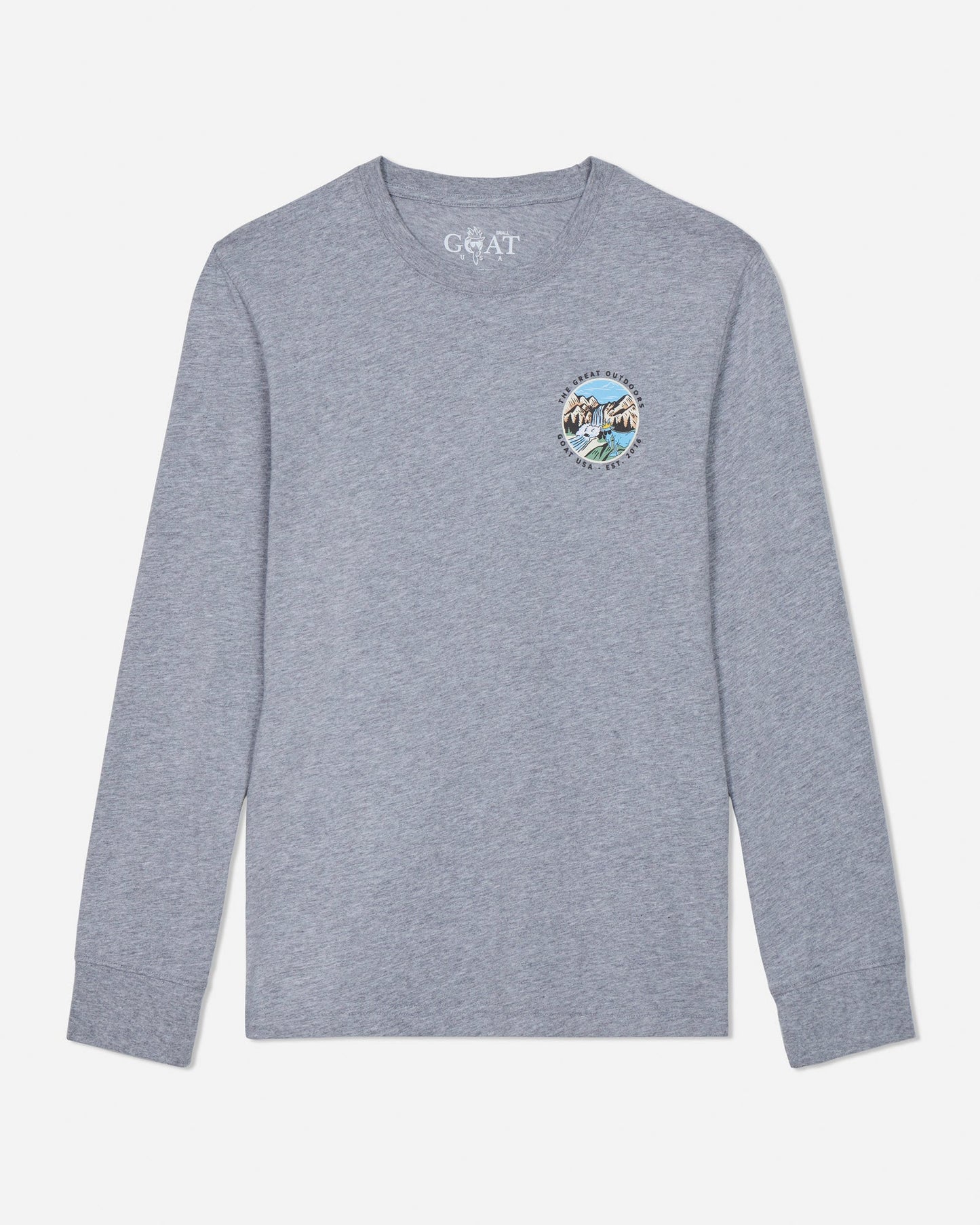 Gray long-sleeve shirt with a circular logo on a light gray background
