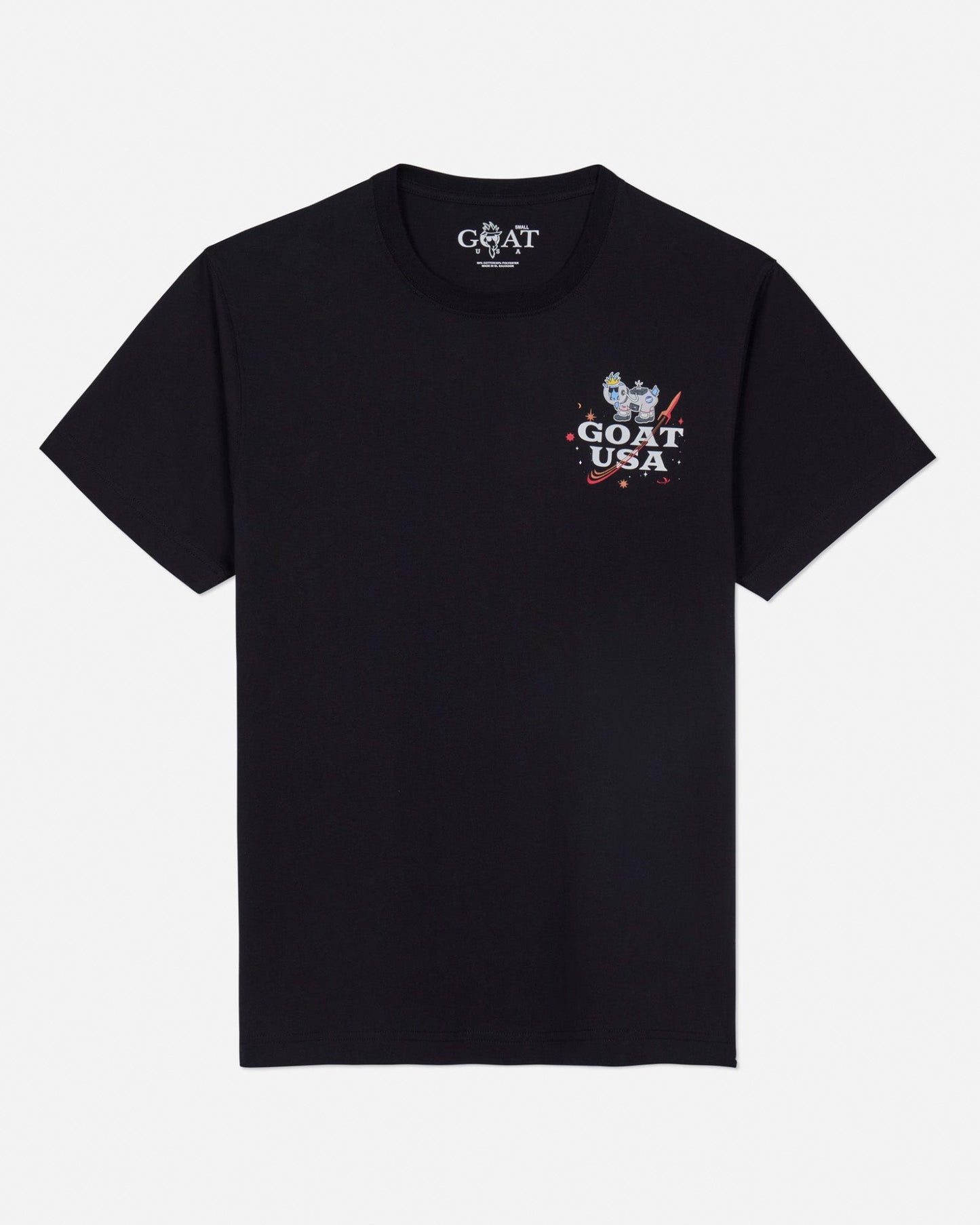 Front of black t-shirt with astronaut goat left-chest logo