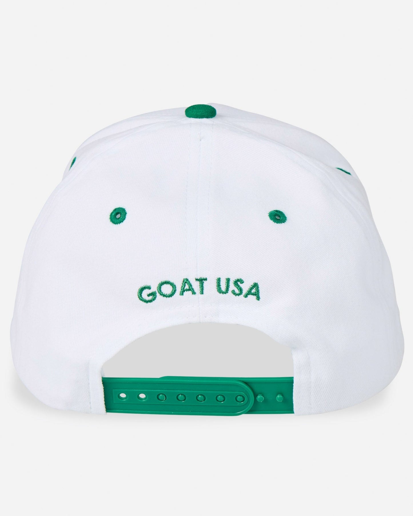 Back of the white GOAT USA "FUHGEDDABOUDIT" pizza snapback hat