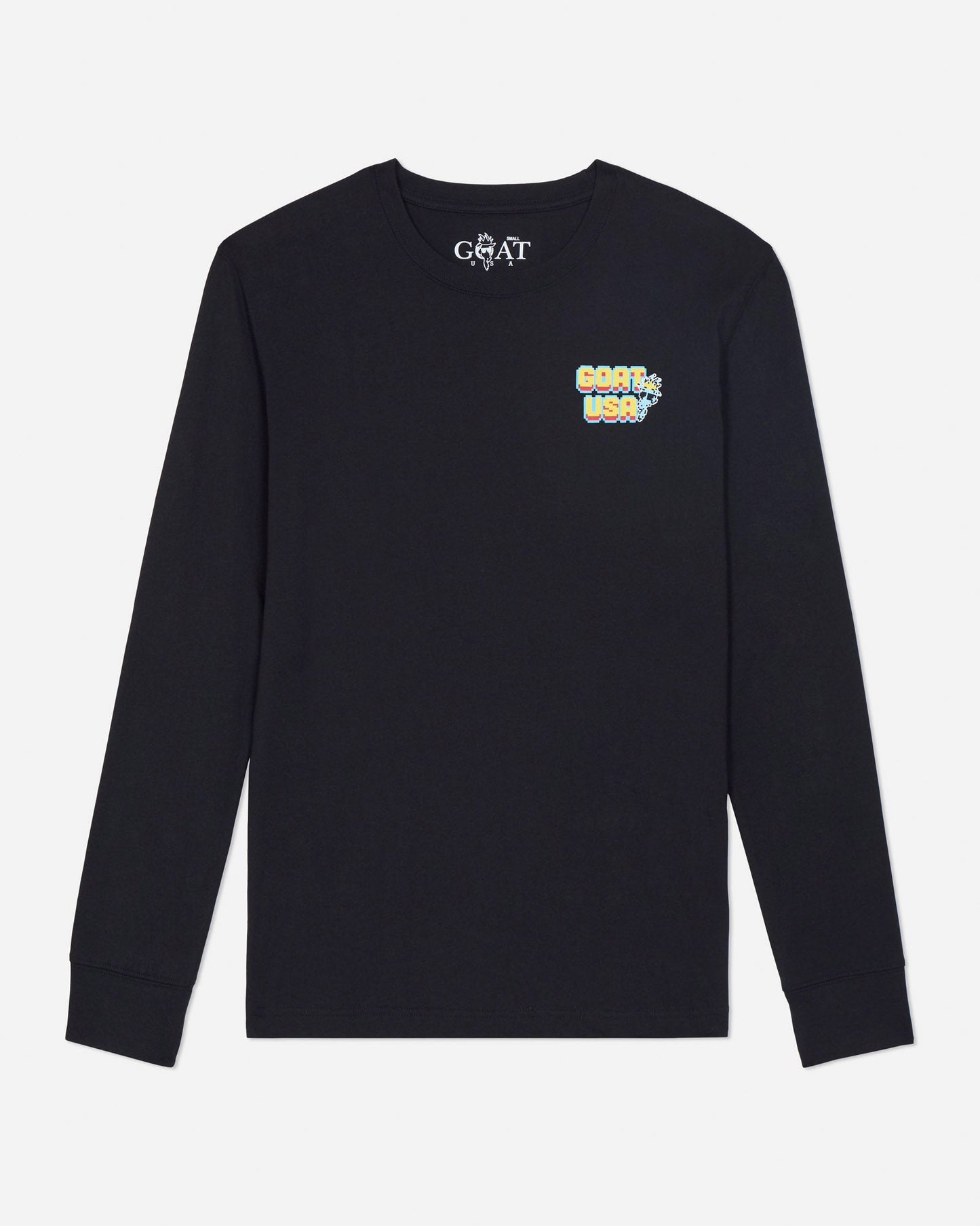 Black long-sleeve shirt with colorful graphics and text on a light gray background