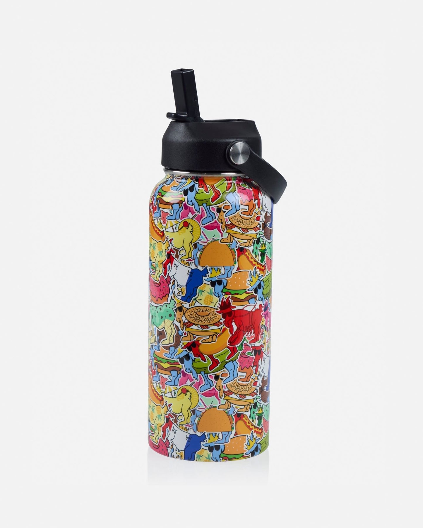 Colorful water bottle with a pattern on a white background