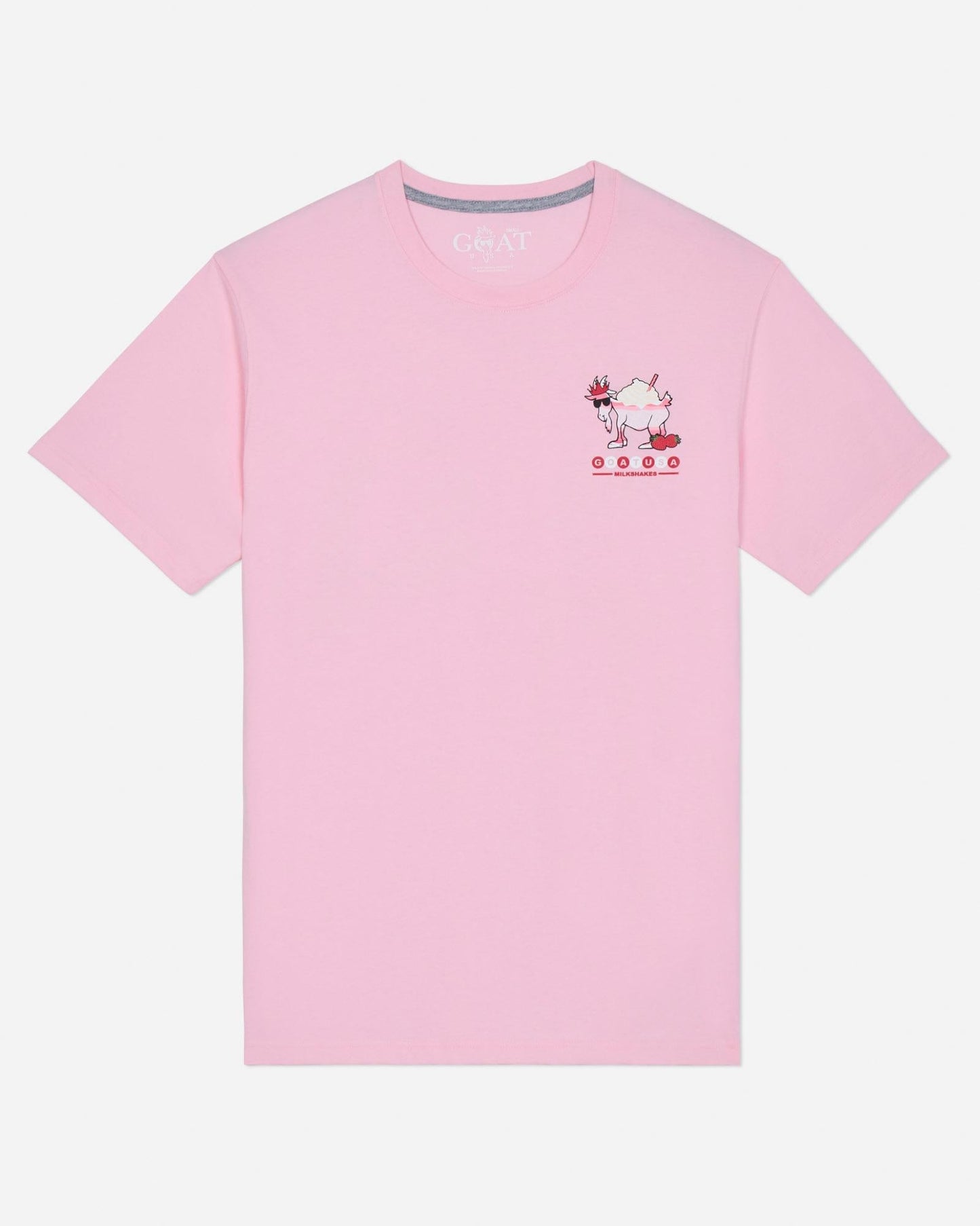 Pink t-shirt with a small graphic on the chest against a light gray background