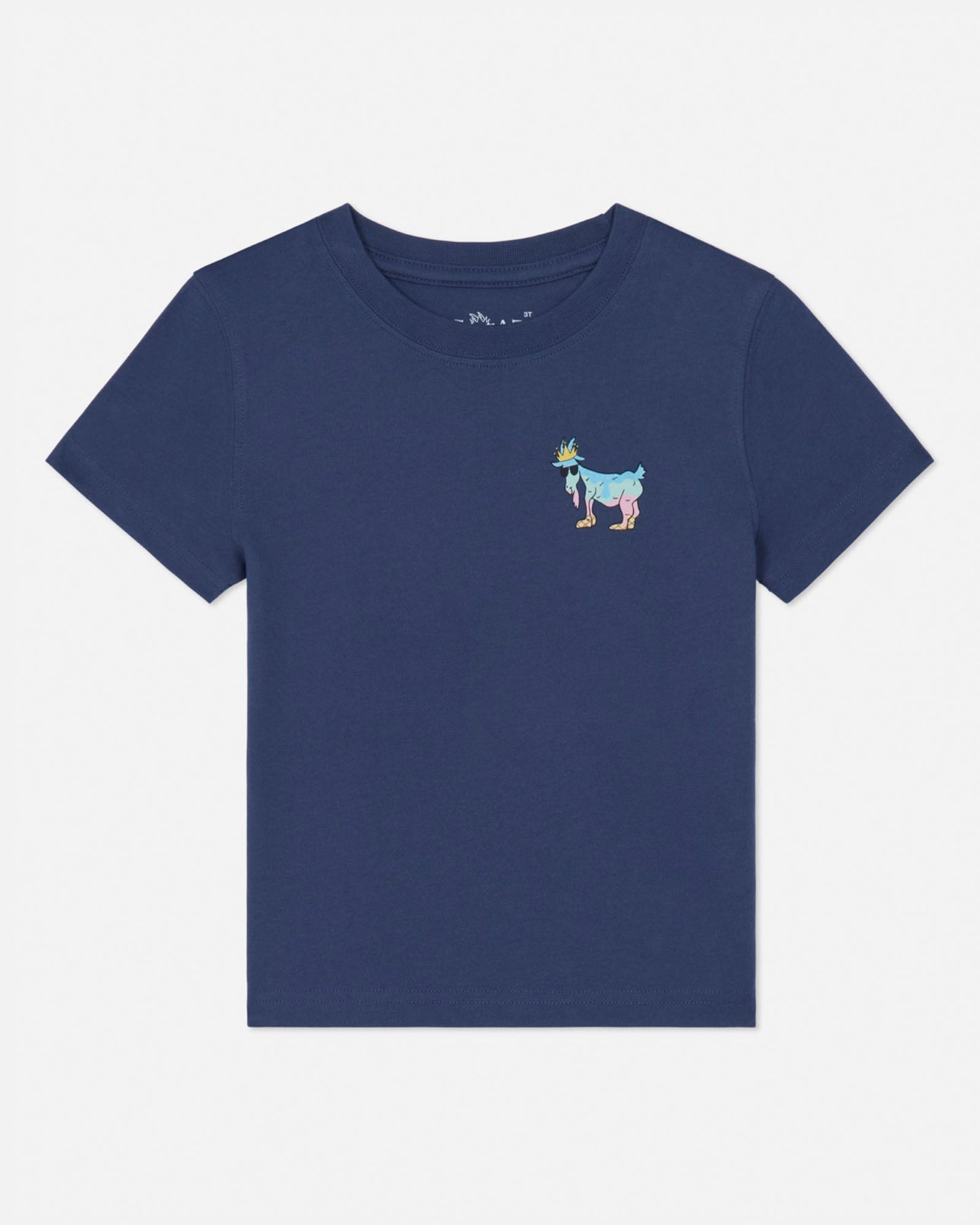 Navy blue t-shirt with a colorful goat graphic on a white background