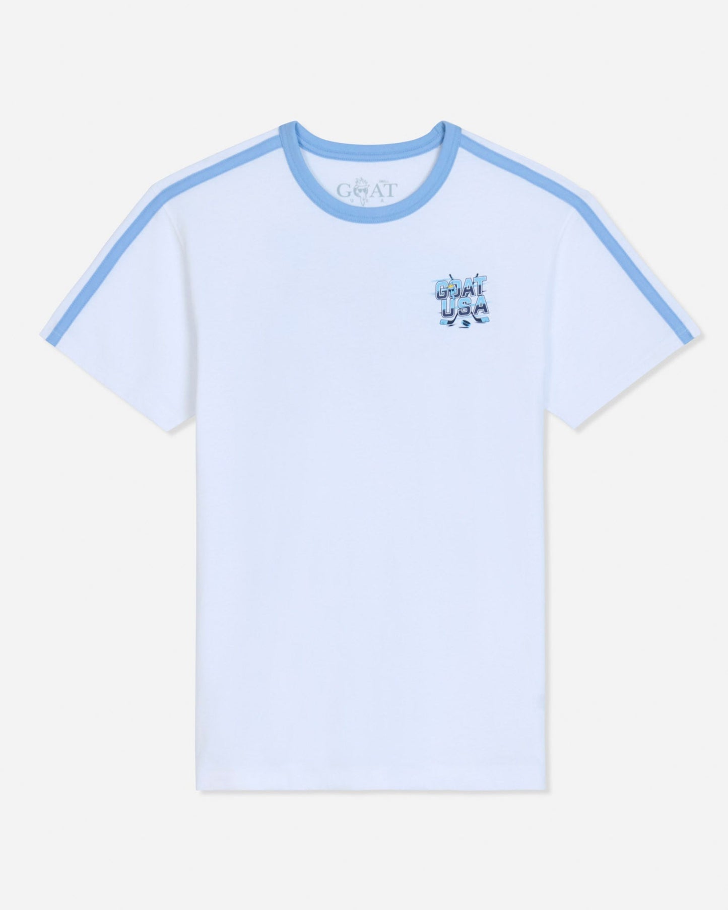 A white short-sleeve ringer T-shirt with light blue contrast trim along the crew neck and sleeve shoulders, featuring a small blue graphic on the left chest.