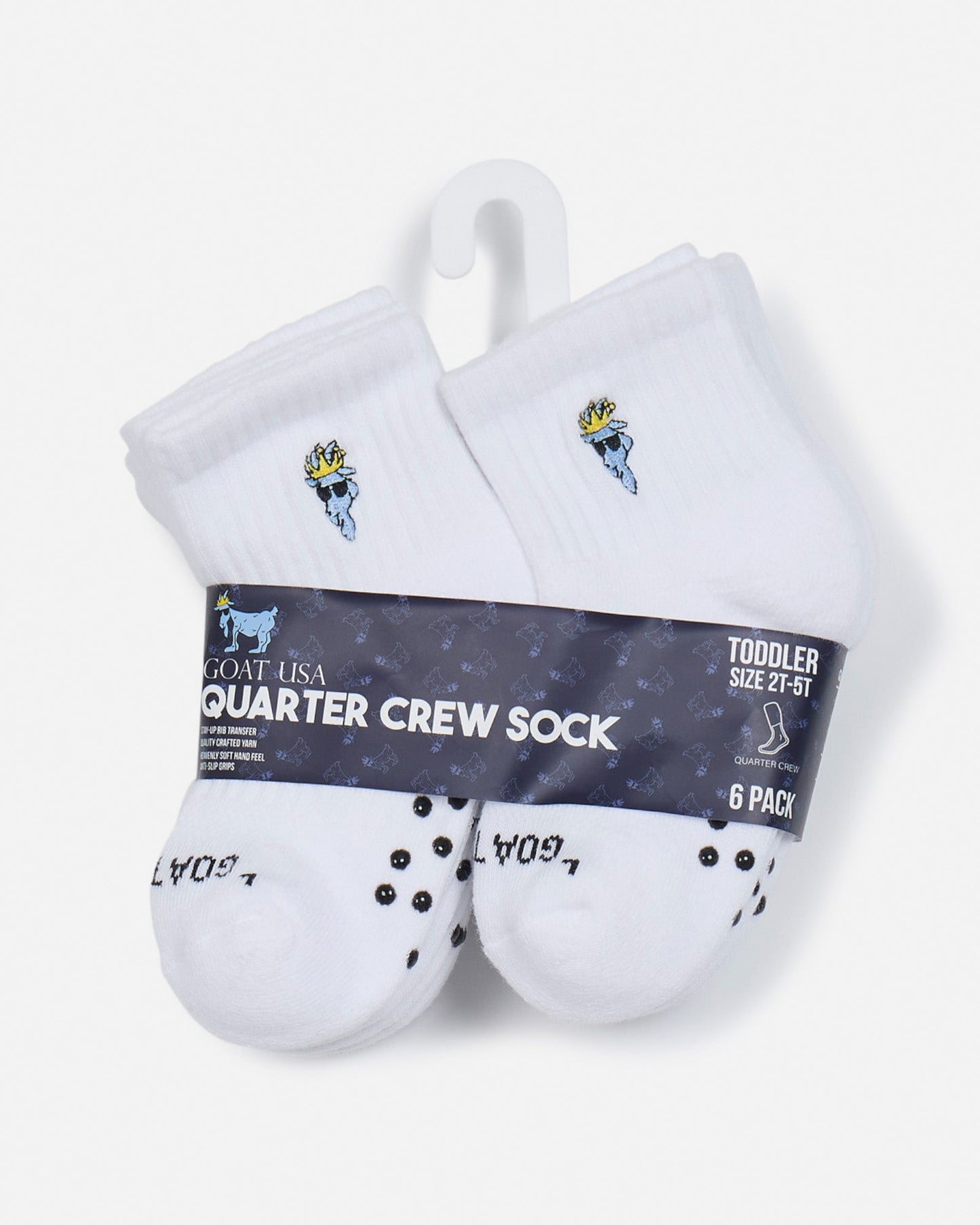 Pack of white toddler-sized socks with brand label