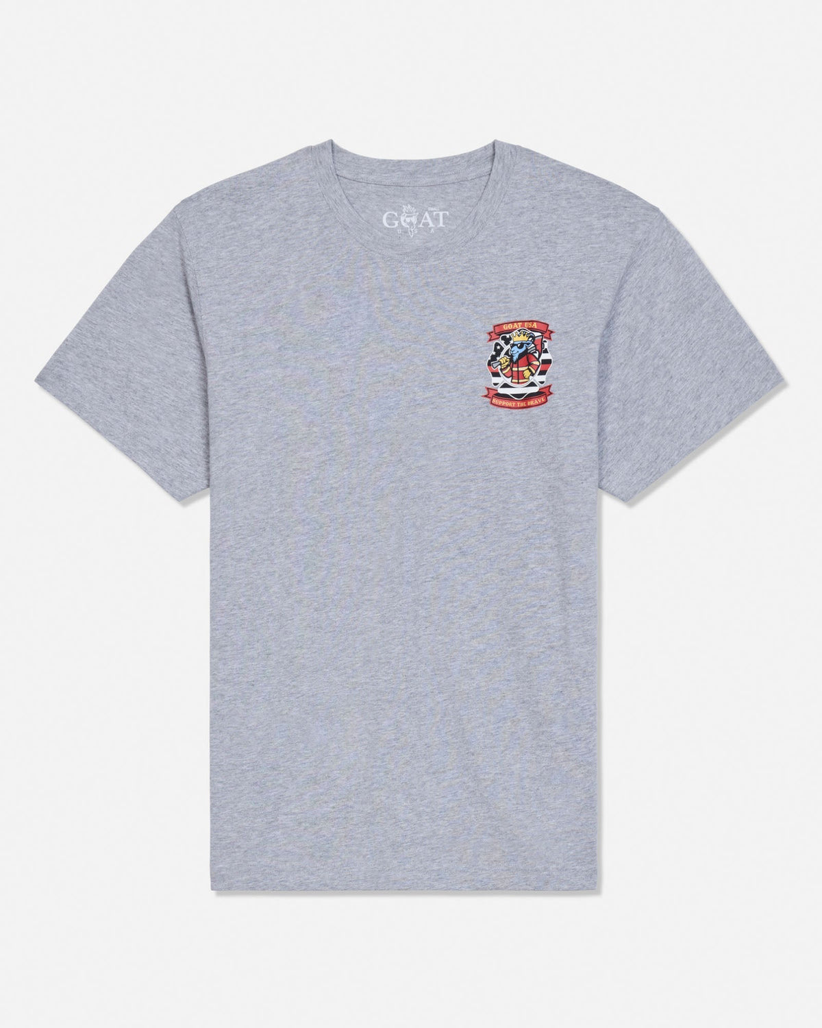 A heather gray short-sleeve t-shirt with a small colorful graphic on the left chest and the brand name 'GOAT USA' printed inside the collar, shown against a plain white background.
