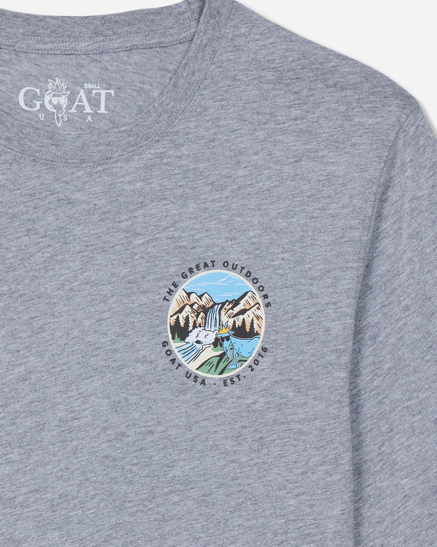 Gray t-shirt with an outdoors design on a light gray background