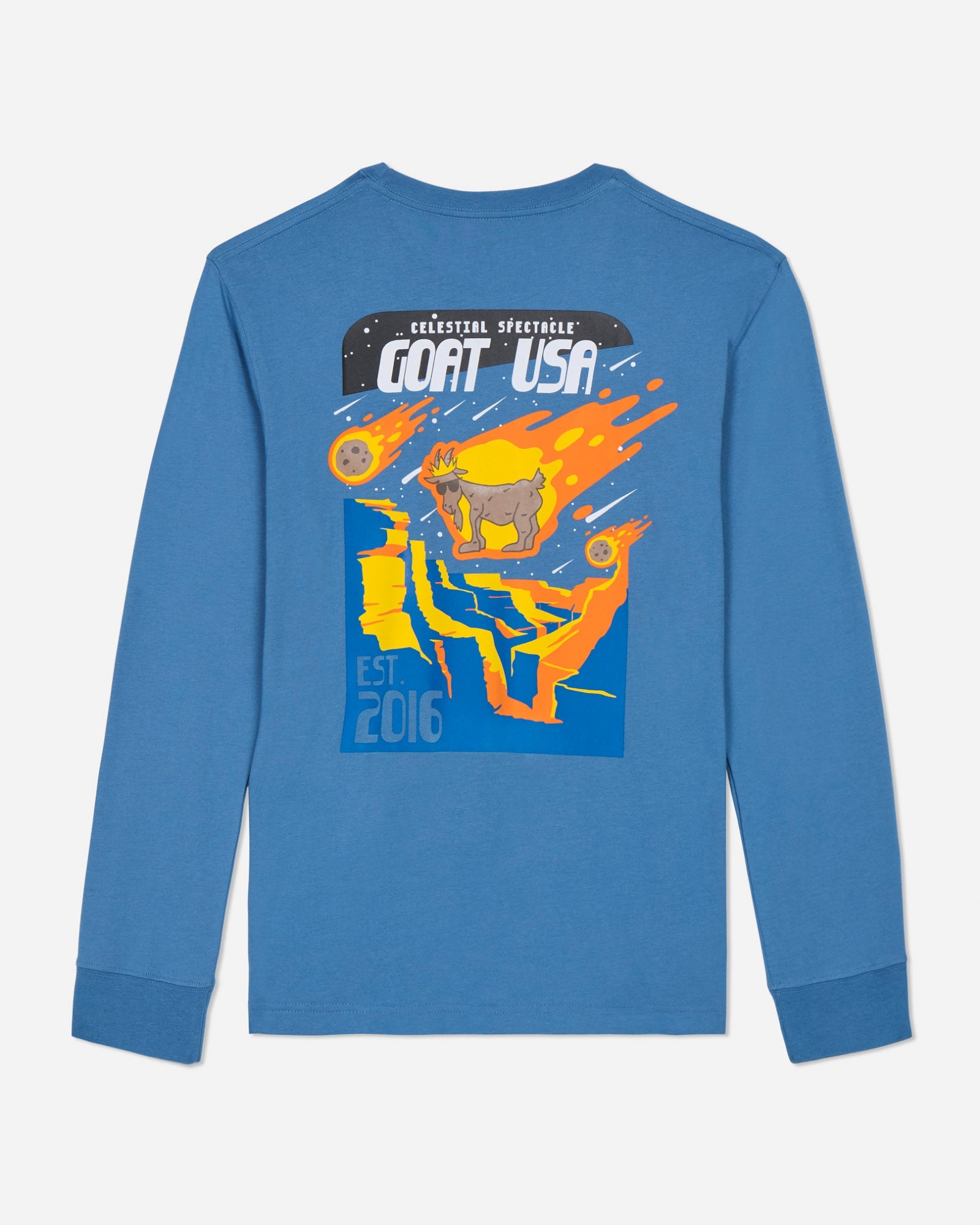 Blue long-sleeve shirt with colorful graphic design on a light gray background