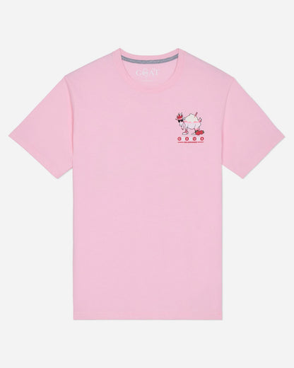 Pink t-shirt with a small graphic on the chest against a light gray background