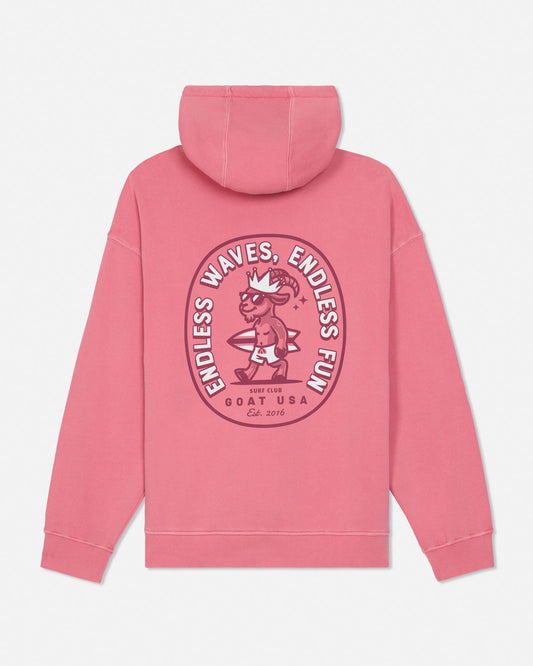 Salmon-colored hoodie with a graphic design on the back against a white background