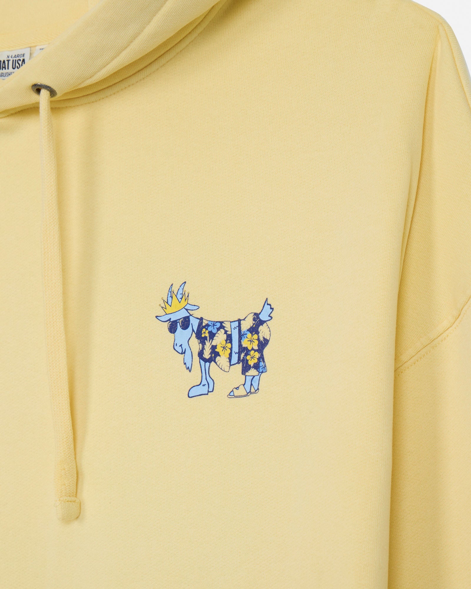 Yellow hoodie with a blue and yellow graphic on the chest
