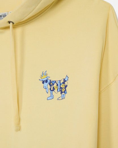 Yellow hoodie with a blue and yellow graphic on the chest
