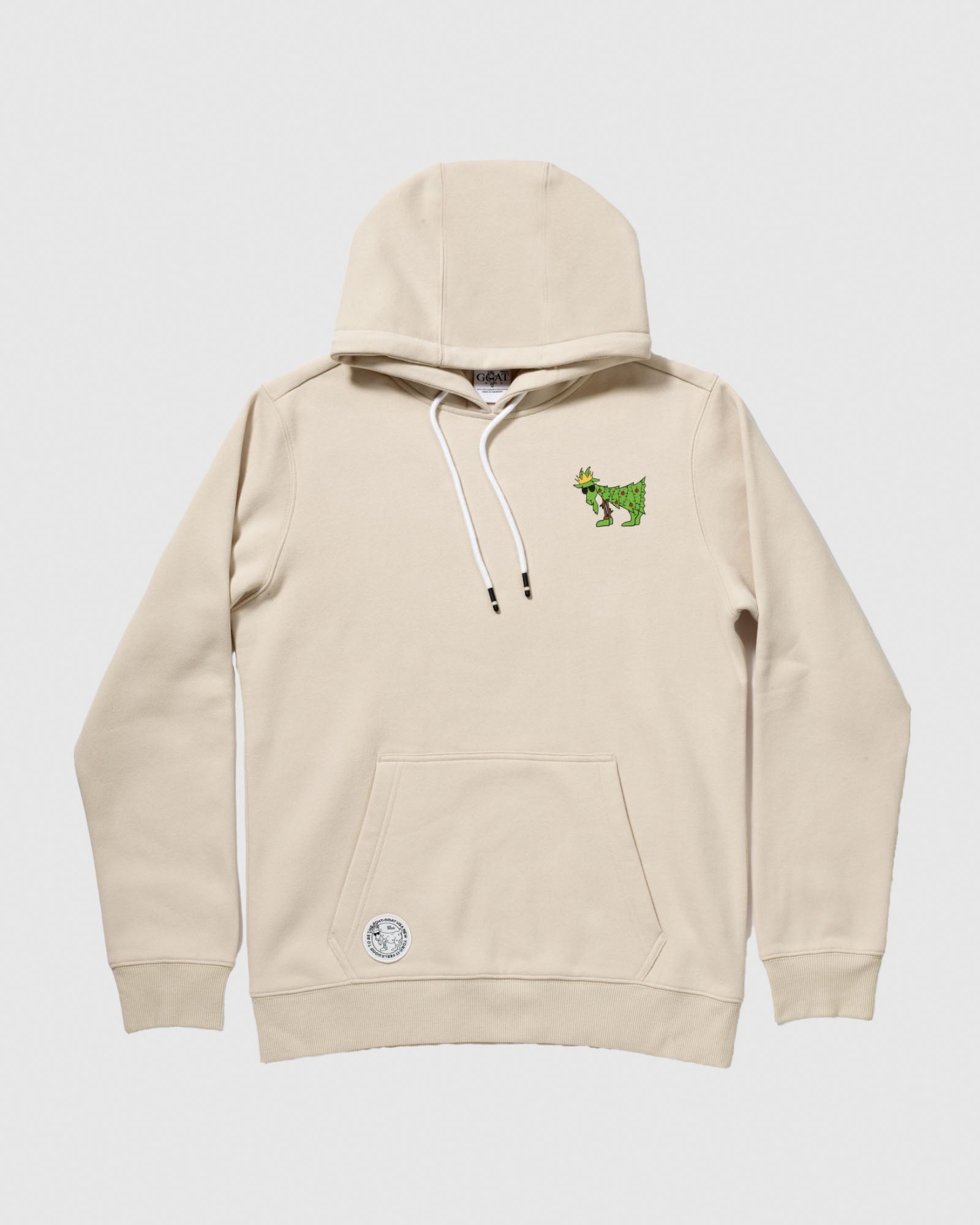 Front of sandshell sweatshirt with Christmas tree goat