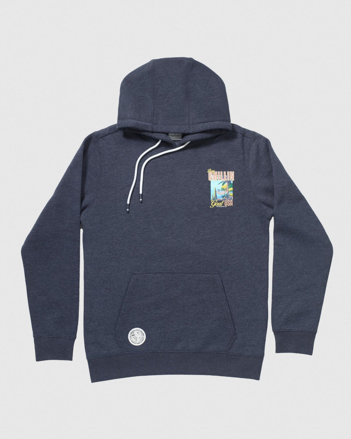 Front of navy sweatshirt with lazy chillin' goat design