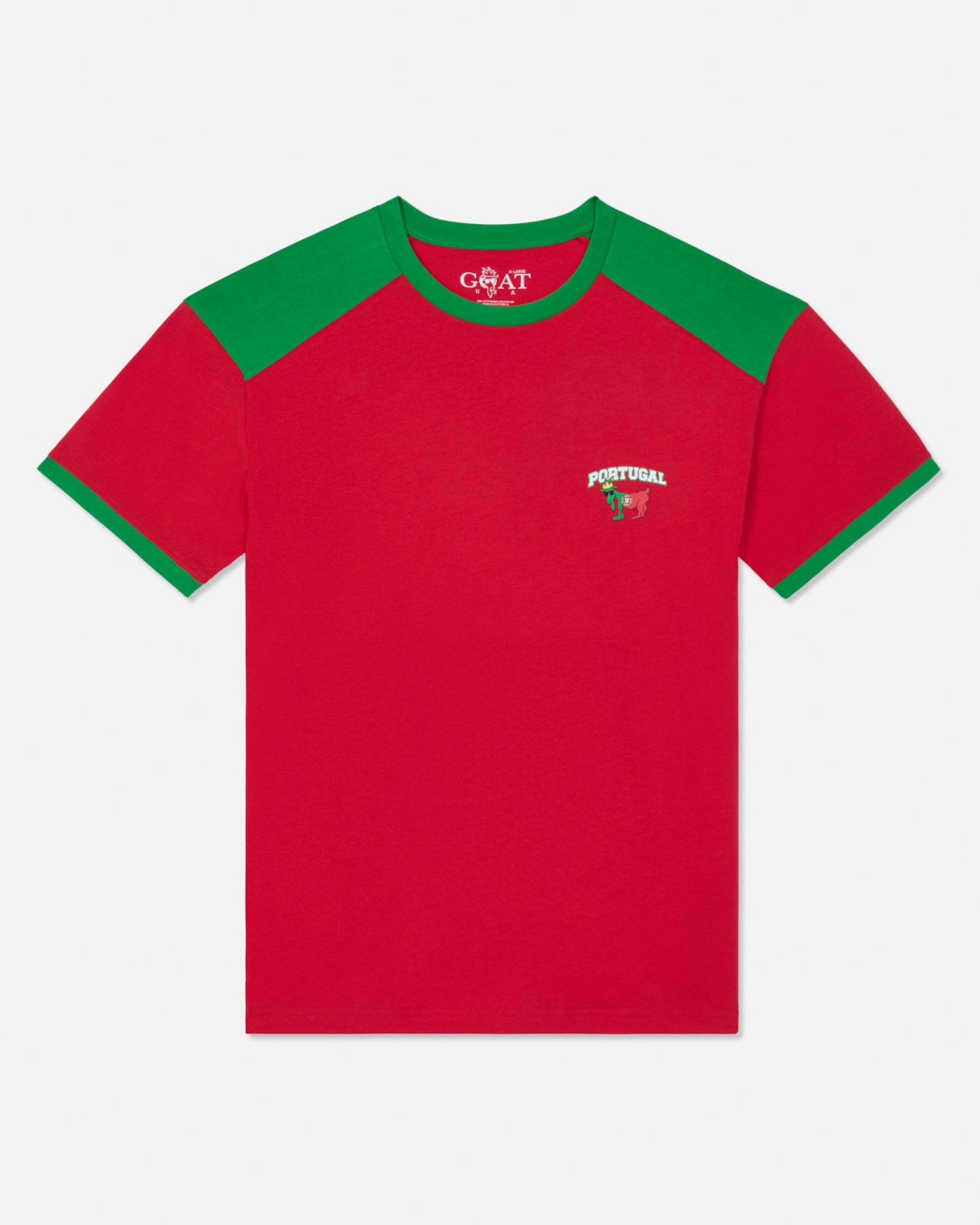 Red t-shirt with green sleeves and a small logo on a white background
