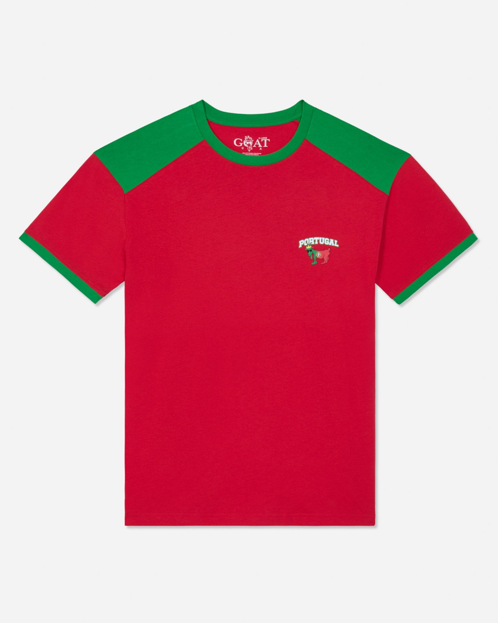 Red t-shirt with green sleeves and a small logo on a white background